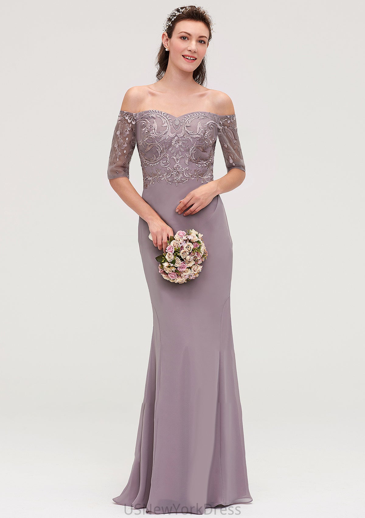 Off-the-Shoulder Half Sleeve Sheath/Column Long/Floor-Length Chiffon Bridesmaid Dresseses With Appliqued Aracely DJP0025458