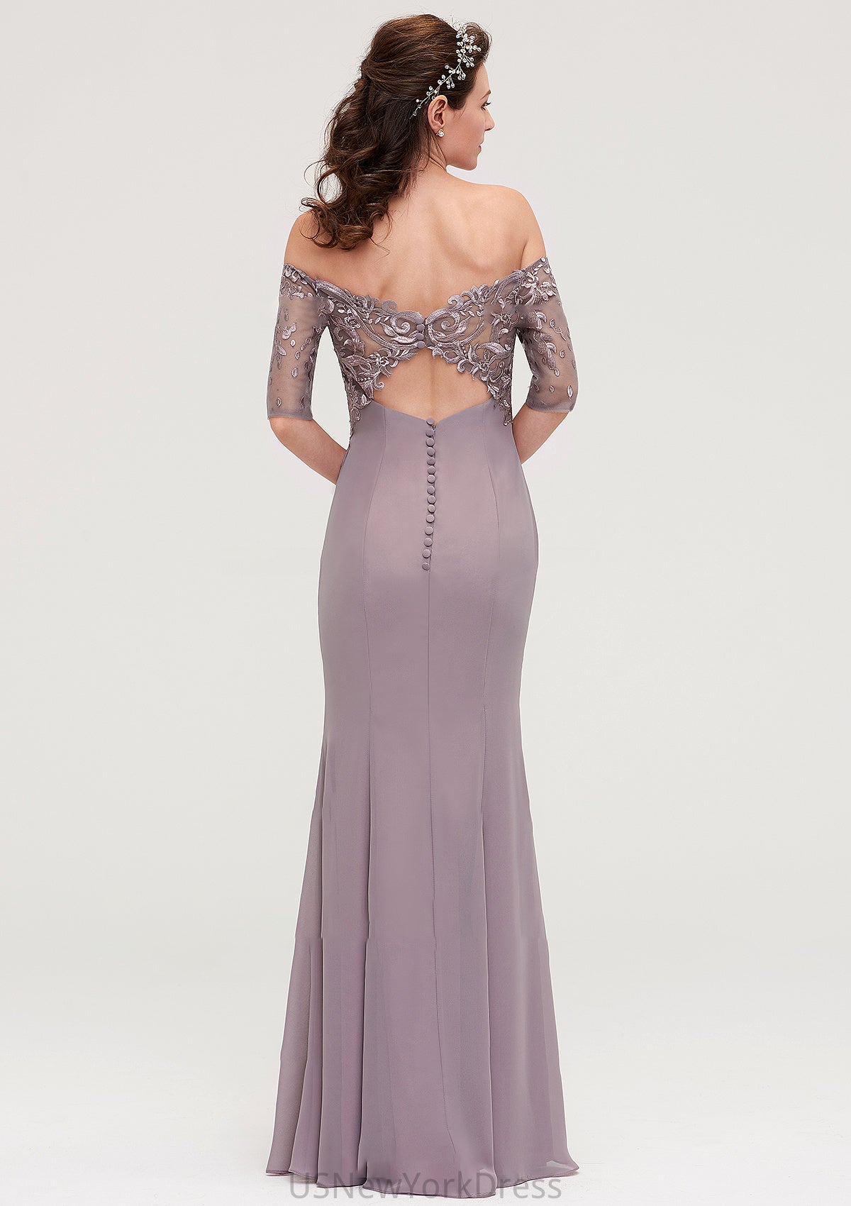 Off-the-Shoulder Half Sleeve Sheath/Column Long/Floor-Length Chiffon Bridesmaid Dresseses With Appliqued Aracely DJP0025458