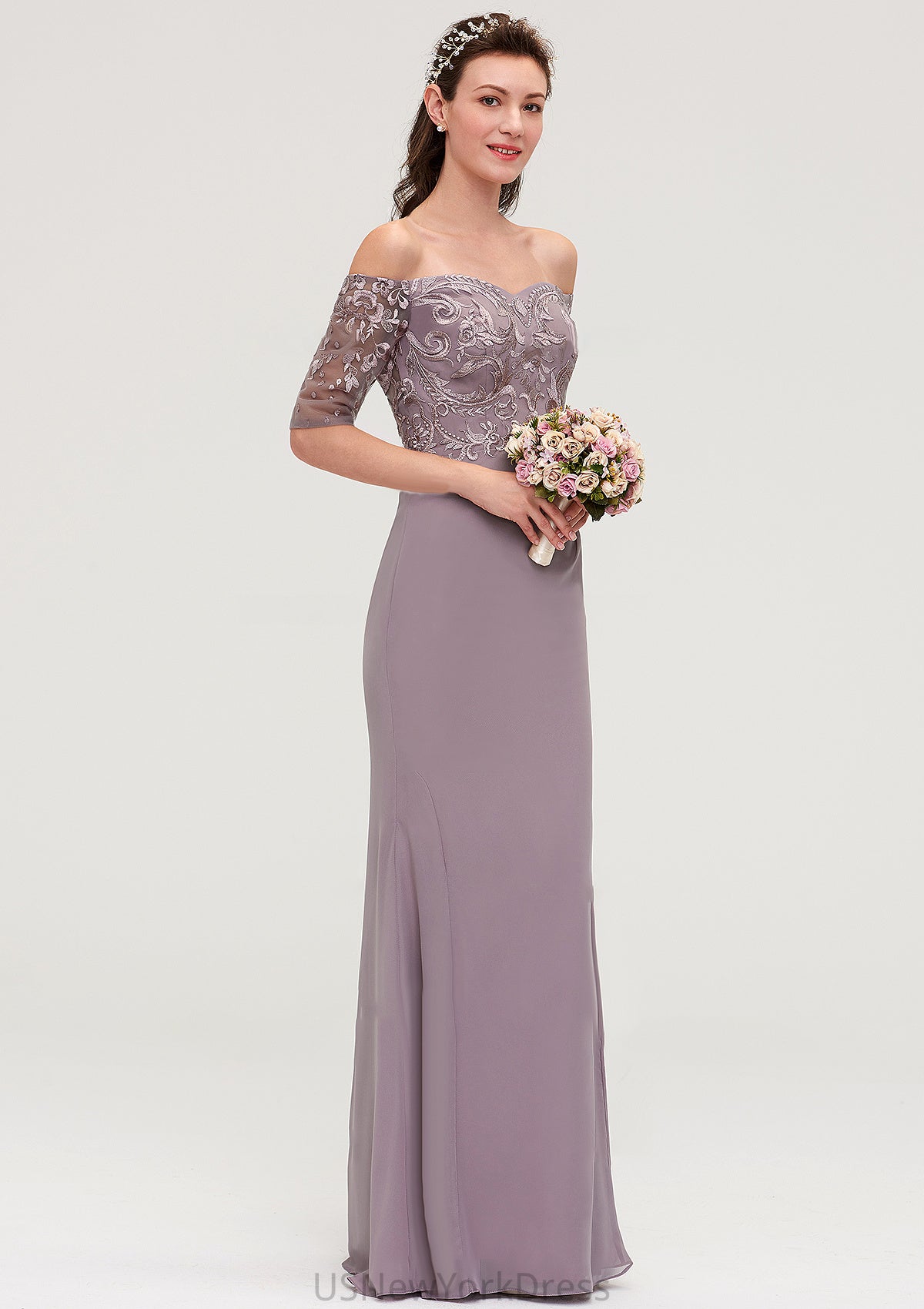 Off-the-Shoulder Half Sleeve Sheath/Column Long/Floor-Length Chiffon Bridesmaid Dresseses With Appliqued Aracely DJP0025458