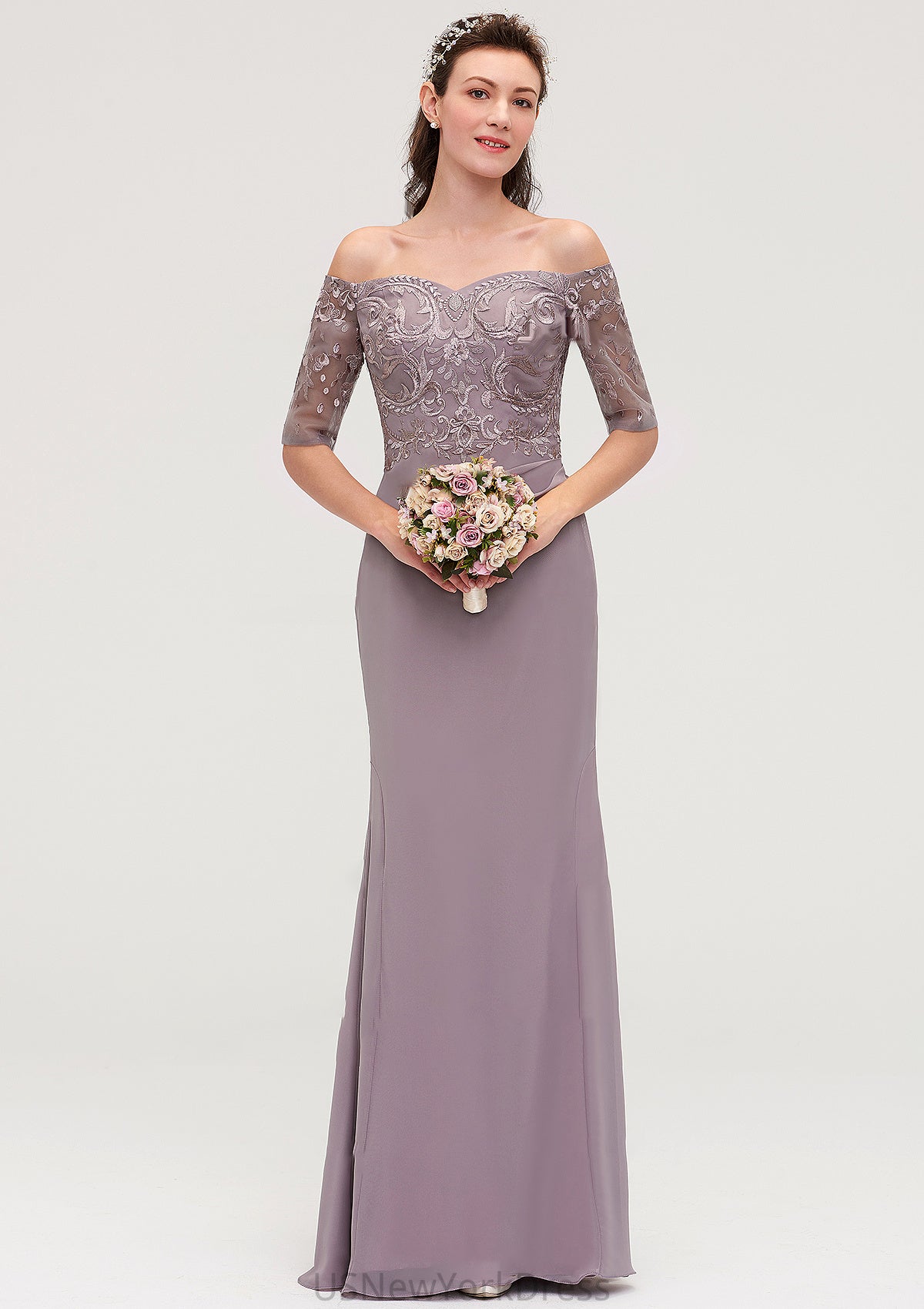 Off-the-Shoulder Half Sleeve Sheath/Column Long/Floor-Length Chiffon Bridesmaid Dresseses With Appliqued Aracely DJP0025458