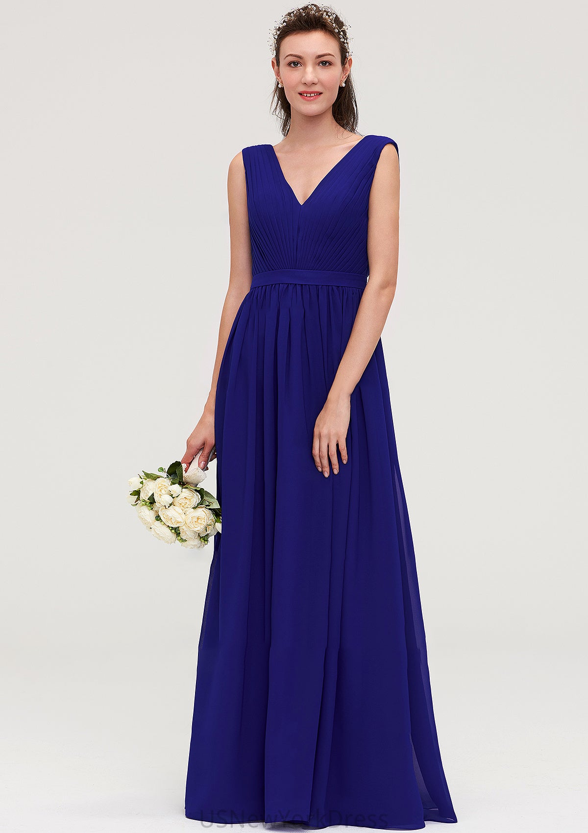 Sleeveless V Neck Chiffon A-line/Princess Long/Floor-Length Bridesmaid Dresseses With Pleated Aryanna DJP0025459