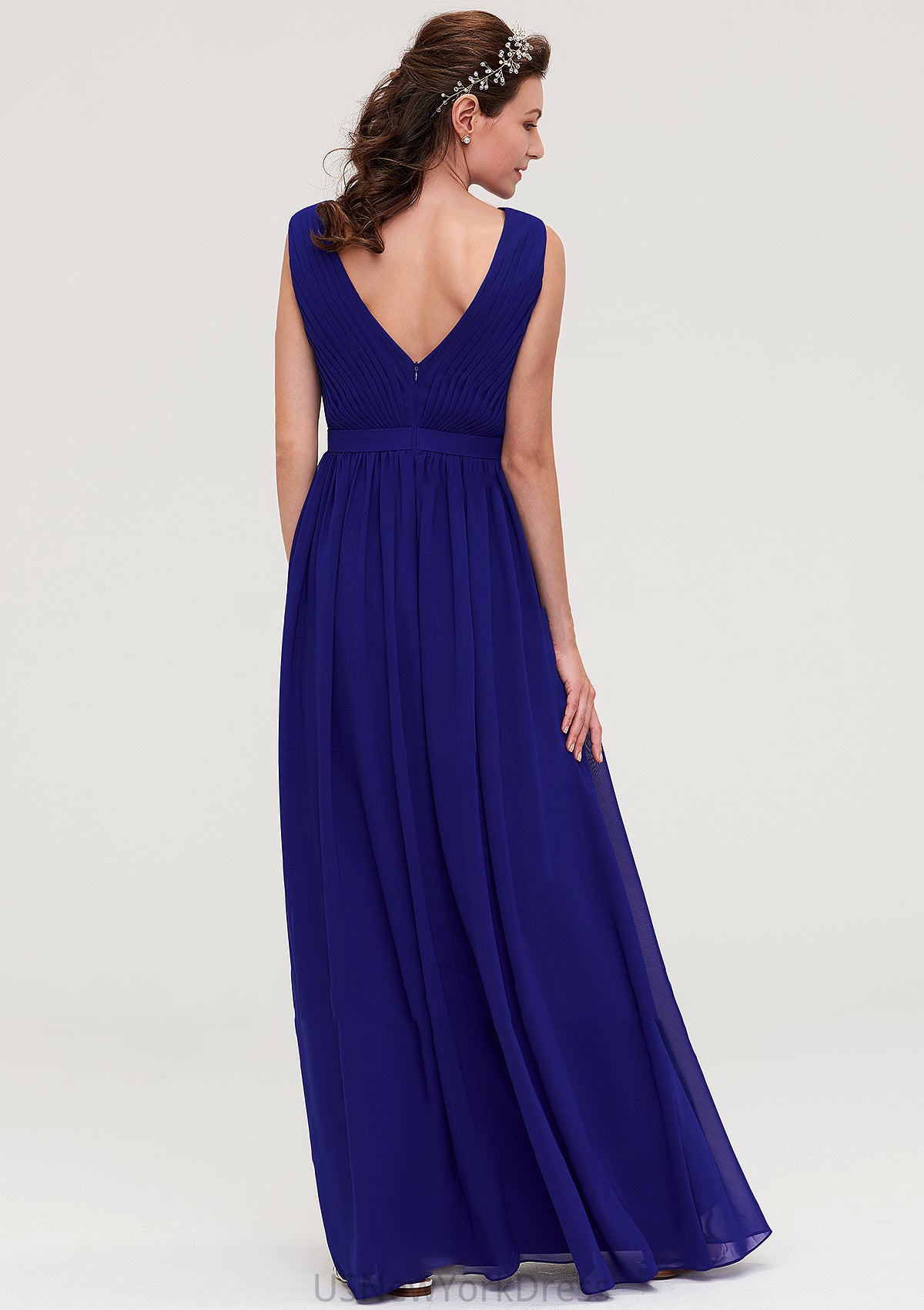 Sleeveless V Neck Chiffon A-line/Princess Long/Floor-Length Bridesmaid Dresseses With Pleated Aryanna DJP0025459