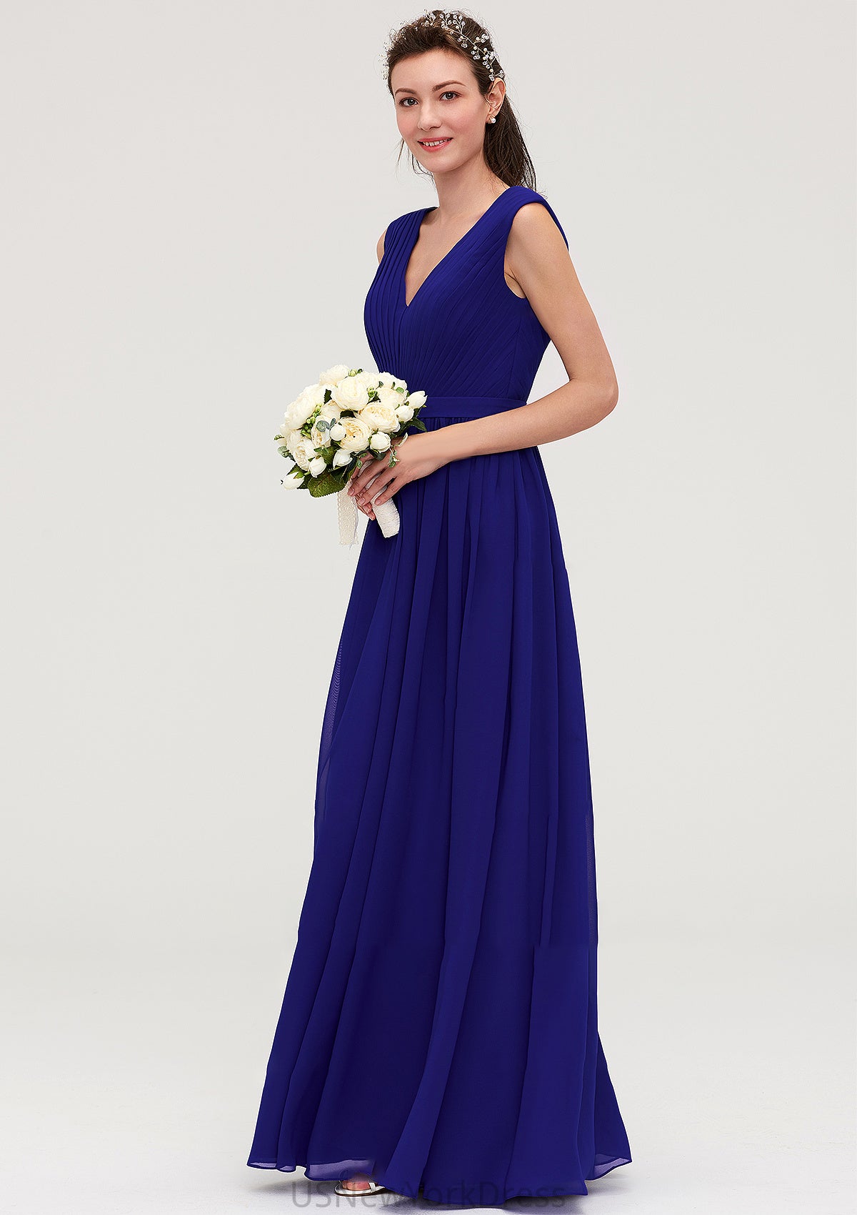 Sleeveless V Neck Chiffon A-line/Princess Long/Floor-Length Bridesmaid Dresseses With Pleated Aryanna DJP0025459