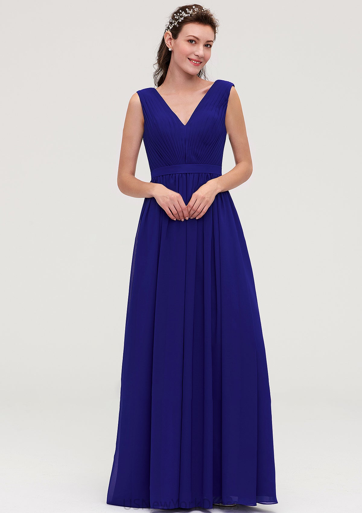 Sleeveless V Neck Chiffon A-line/Princess Long/Floor-Length Bridesmaid Dresseses With Pleated Aryanna DJP0025459