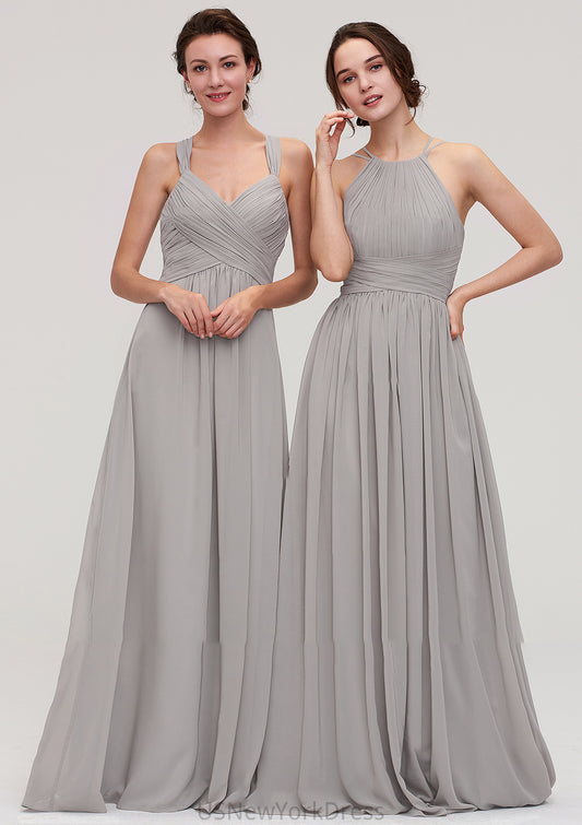 Halter Sleeveless A-line/Princess Long/Floor-Length Chiffon Bridesmaid Dresses With Pleated Kaydence DJP0025462