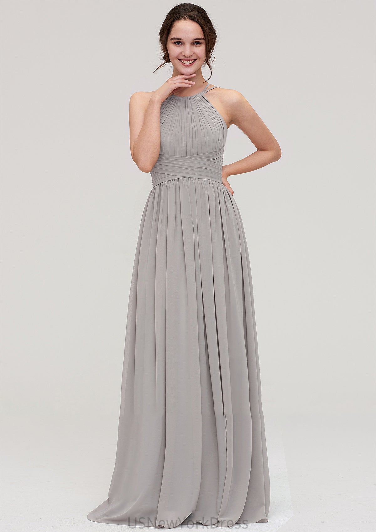 Halter Sleeveless A-line/Princess Long/Floor-Length Chiffon Bridesmaid Dresses With Pleated Kaydence DJP0025462