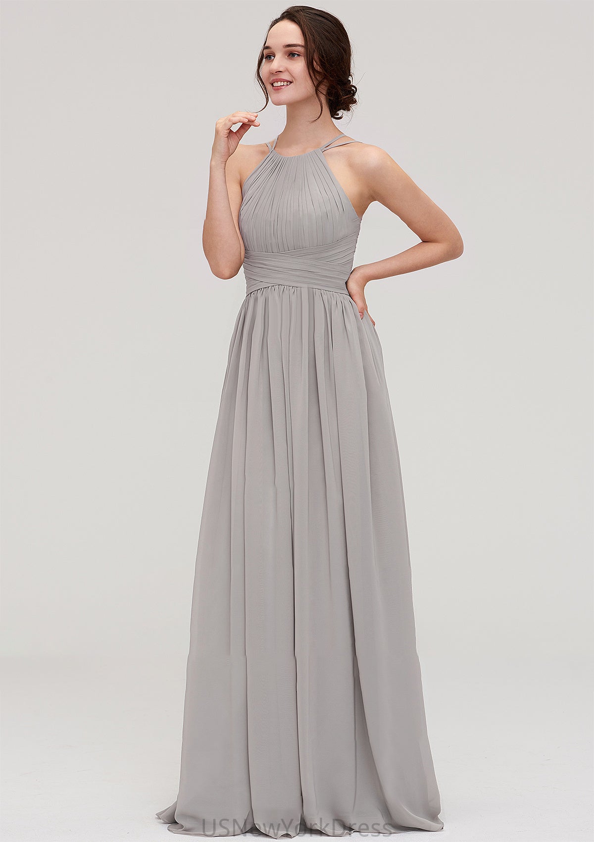 Halter Sleeveless A-line/Princess Long/Floor-Length Chiffon Bridesmaid Dresses With Pleated Kaydence DJP0025462