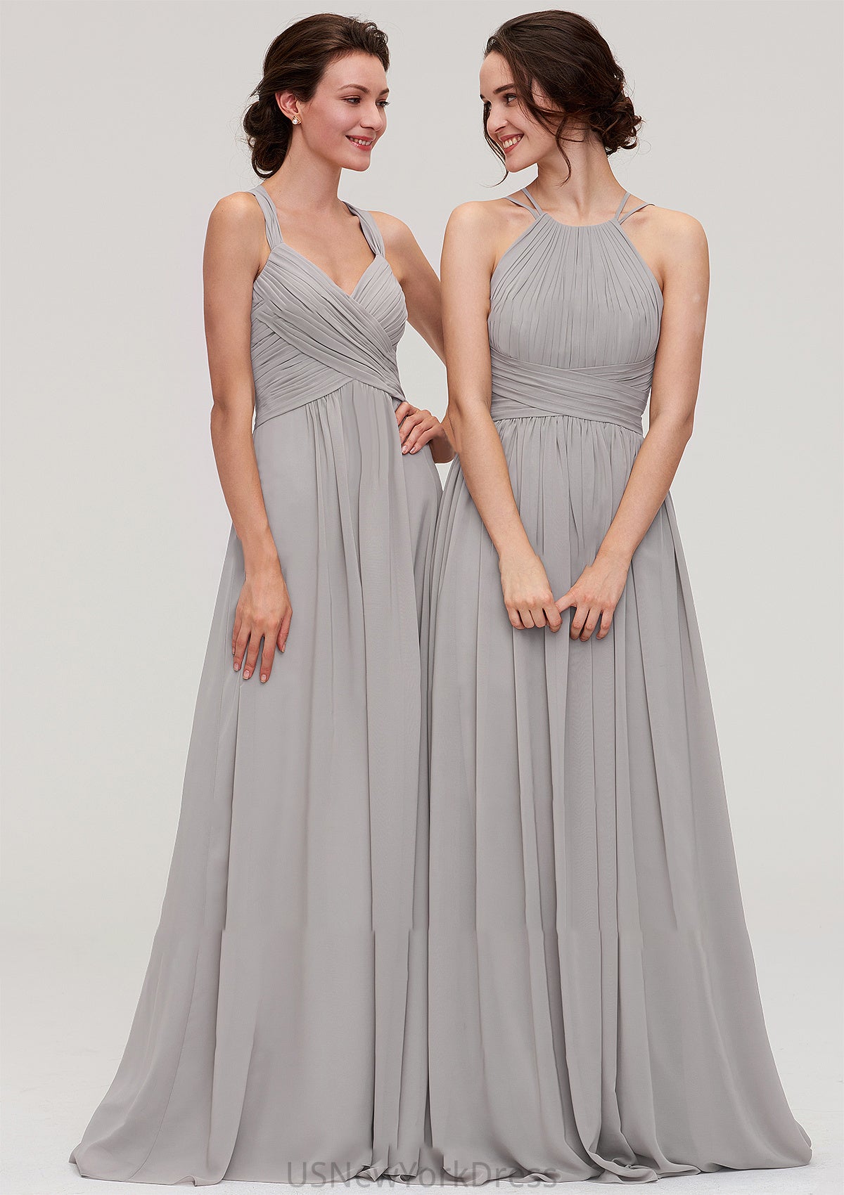 Halter Sleeveless A-line/Princess Long/Floor-Length Chiffon Bridesmaid Dresses With Pleated Kaydence DJP0025462