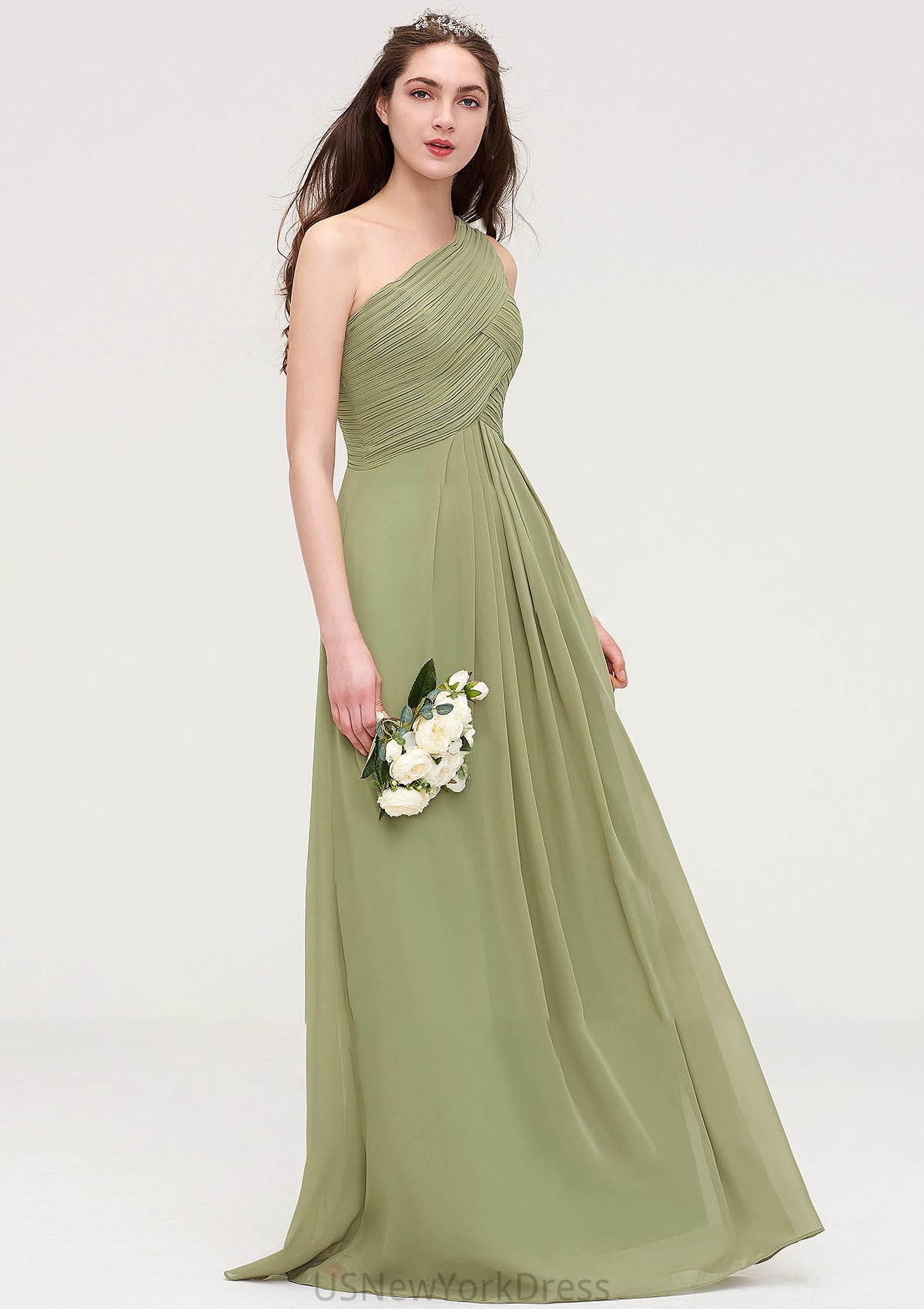 Sleeveless One-Shoulder Long/Floor-Length Chiffon A-line/Princess Bridesmaid Dresses With Pleated Lisa DJP0025463