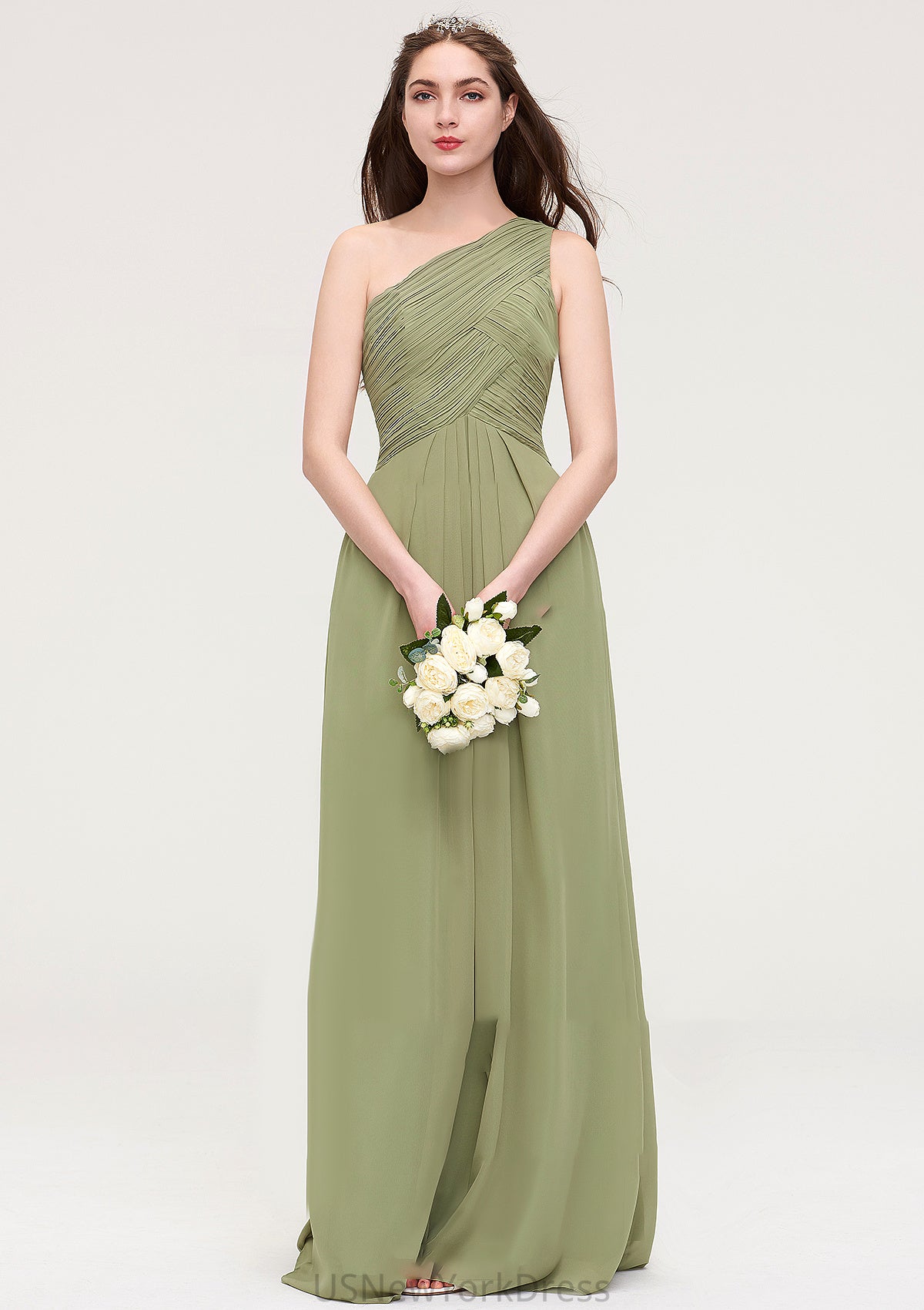 Sleeveless One-Shoulder Long/Floor-Length Chiffon A-line/Princess Bridesmaid Dresses With Pleated Lisa DJP0025463