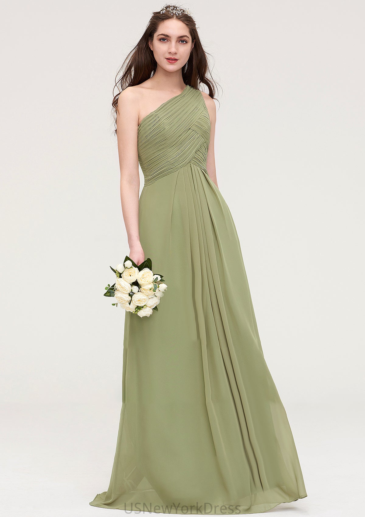 Sleeveless One-Shoulder Long/Floor-Length Chiffon A-line/Princess Bridesmaid Dresses With Pleated Lisa DJP0025463