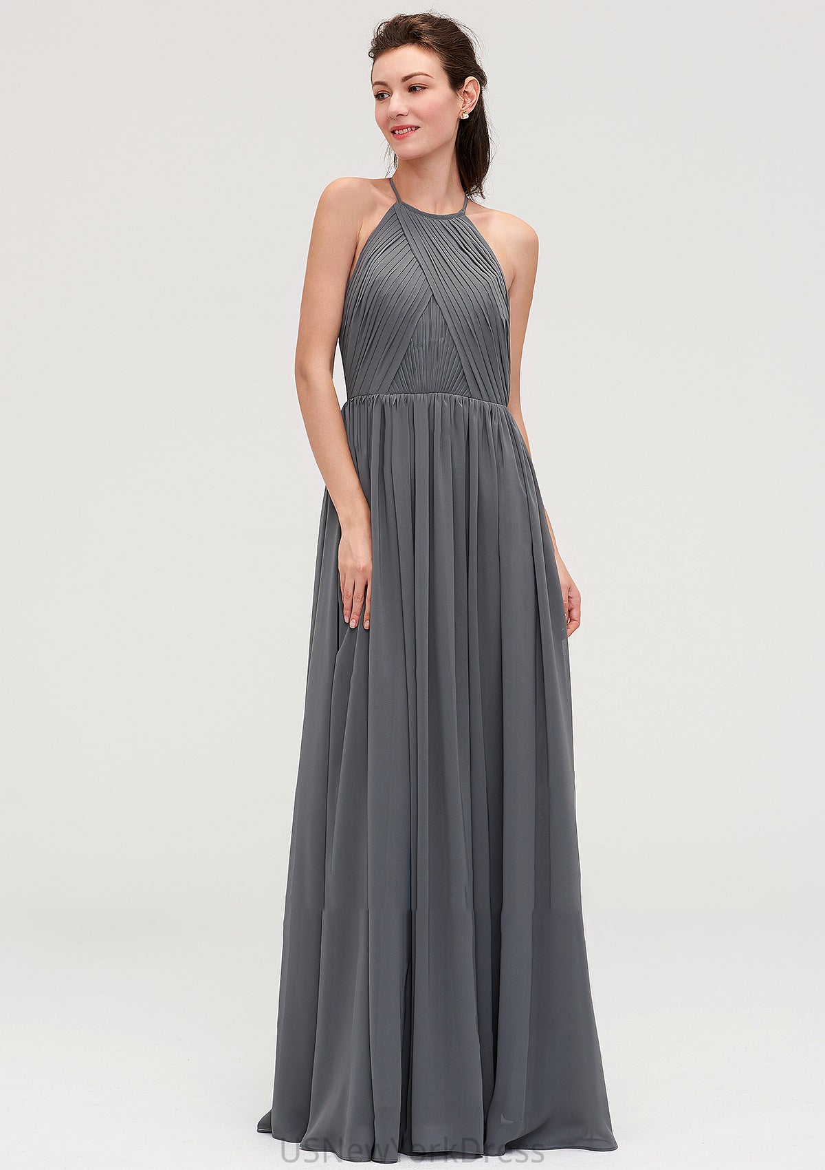 Sleeveless Halter Chiffon A-line/Princess Long/Floor-Length Bridesmaid Dresseses With Pleated Jadyn DJP0025466