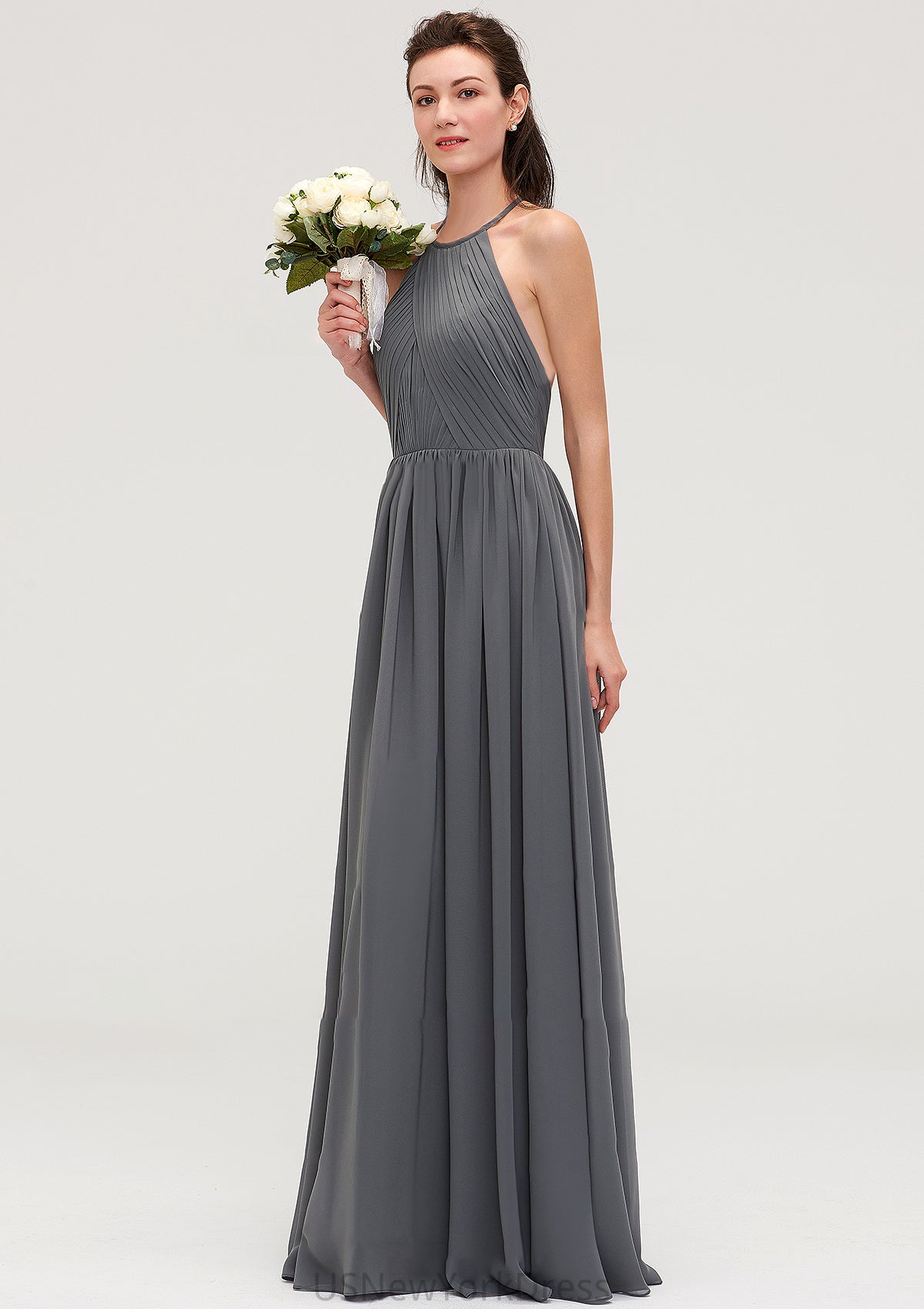 Sleeveless Halter Chiffon A-line/Princess Long/Floor-Length Bridesmaid Dresseses With Pleated Jadyn DJP0025466