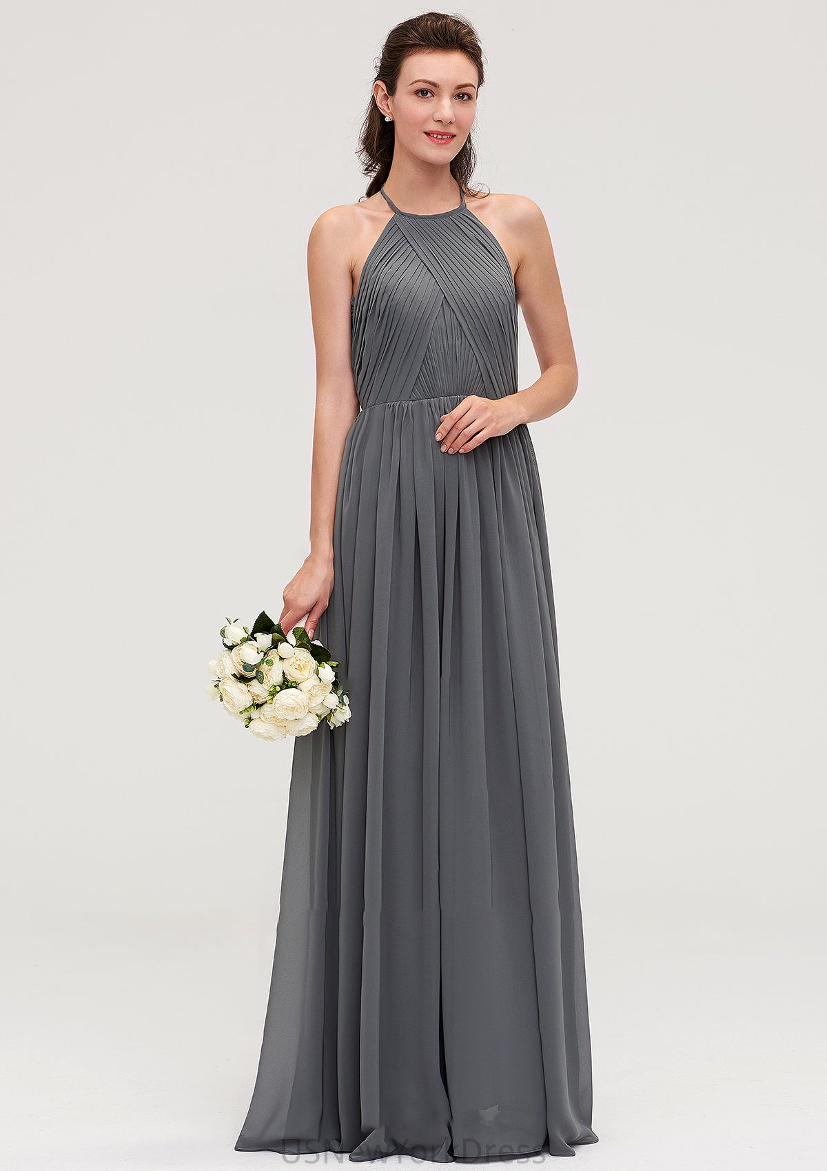 Sleeveless Halter Chiffon A-line/Princess Long/Floor-Length Bridesmaid Dresseses With Pleated Jadyn DJP0025466