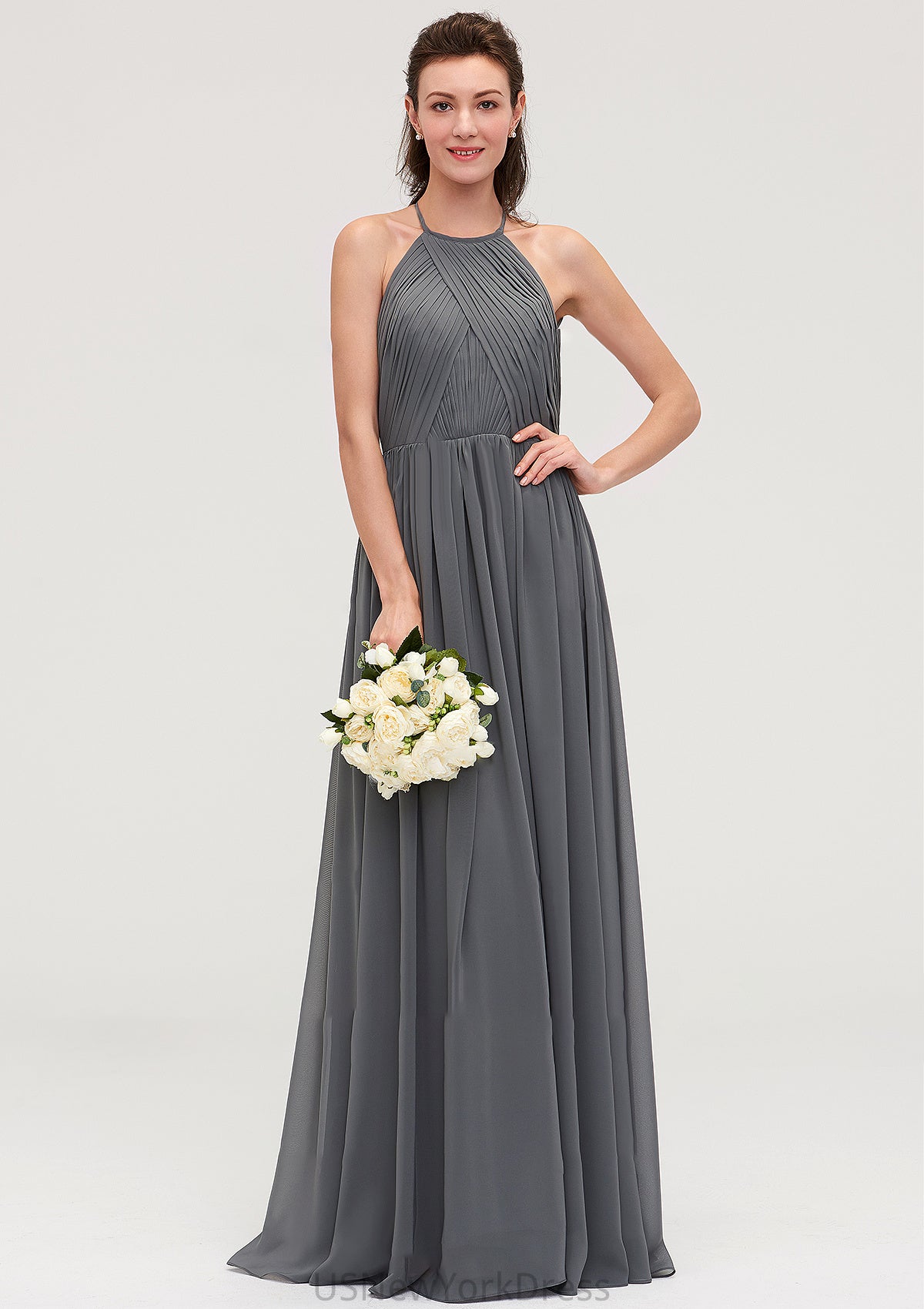 Sleeveless Halter Chiffon A-line/Princess Long/Floor-Length Bridesmaid Dresseses With Pleated Jadyn DJP0025466