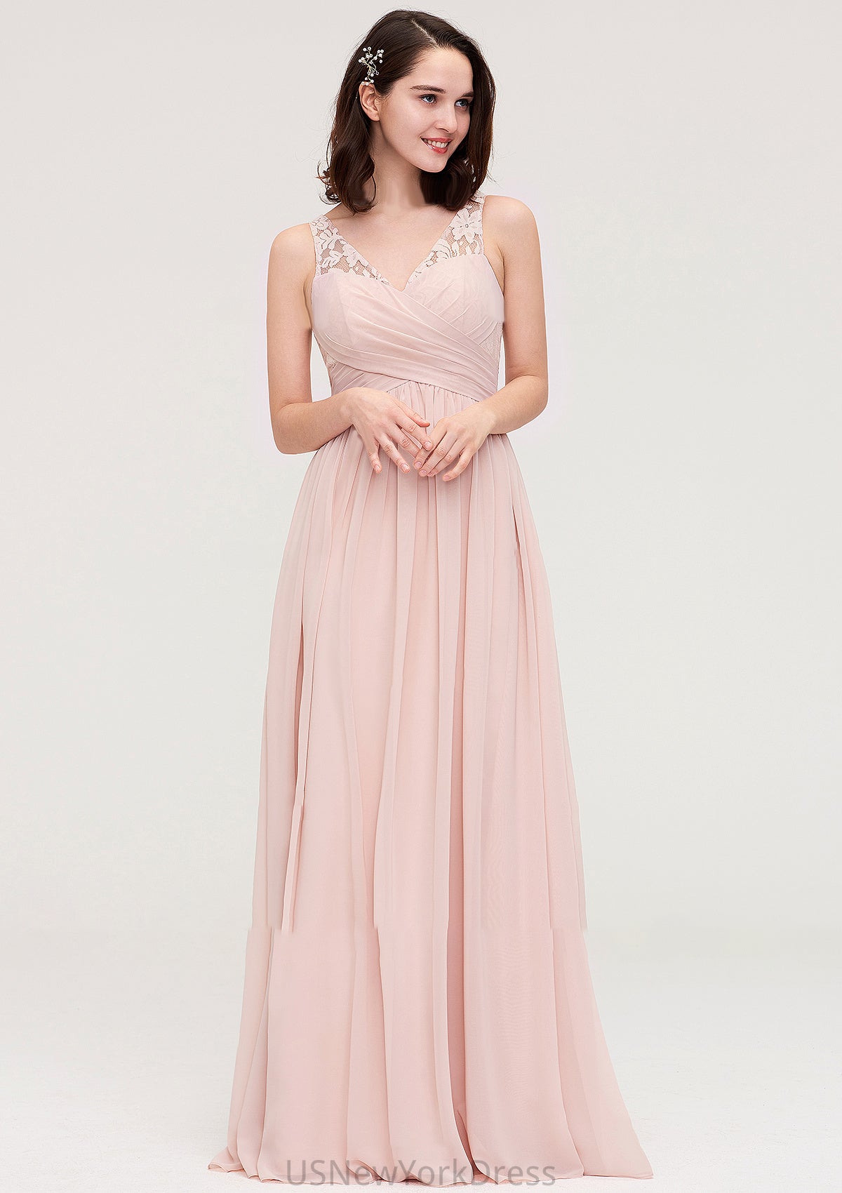 Sleeveless V Neck Long/Floor-Length Chiffon A-line/Princess Bridesmaid Dresses With Pleated Appliqued Janey DJP0025467