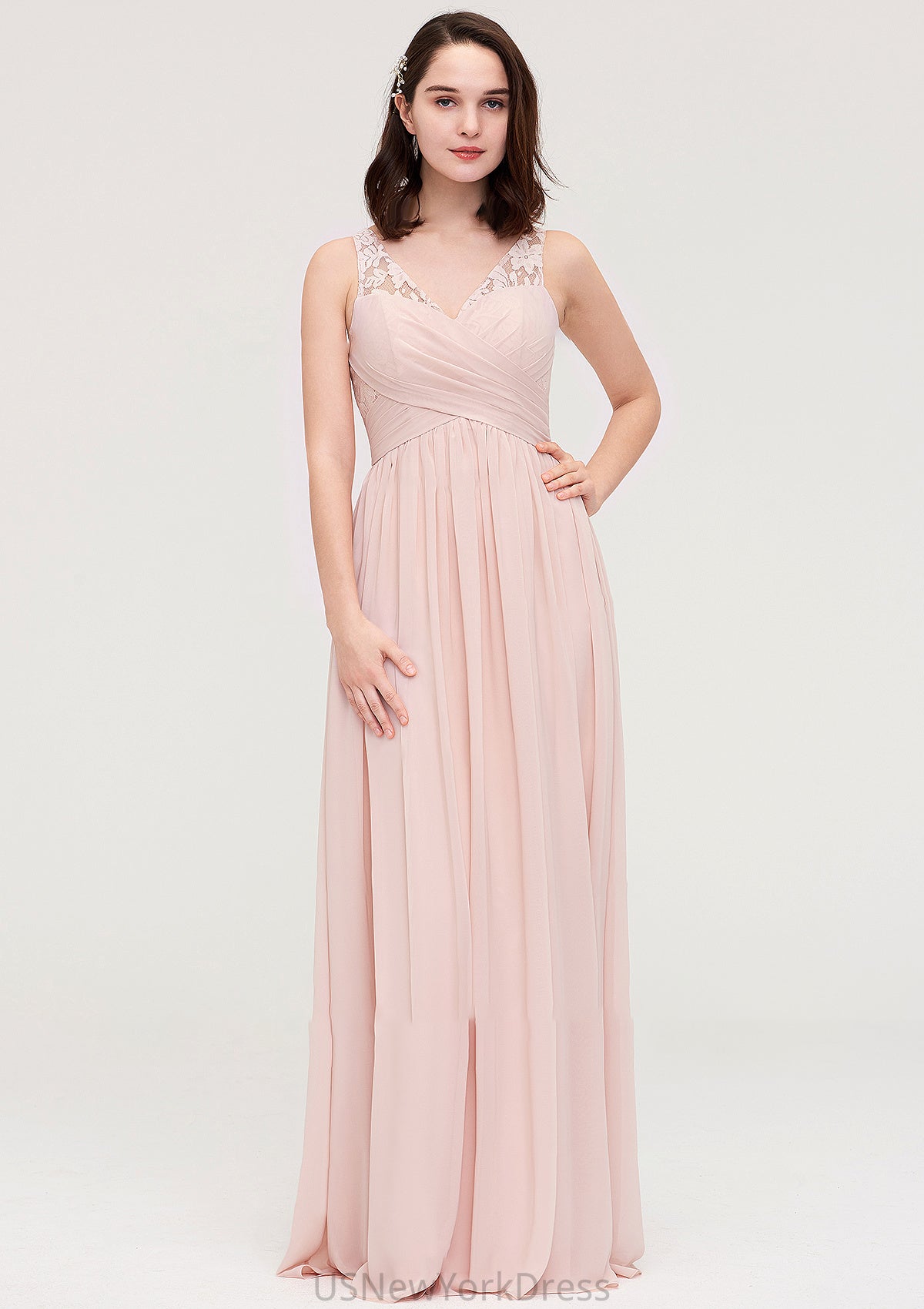 Sleeveless V Neck Long/Floor-Length Chiffon A-line/Princess Bridesmaid Dresses With Pleated Appliqued Janey DJP0025467