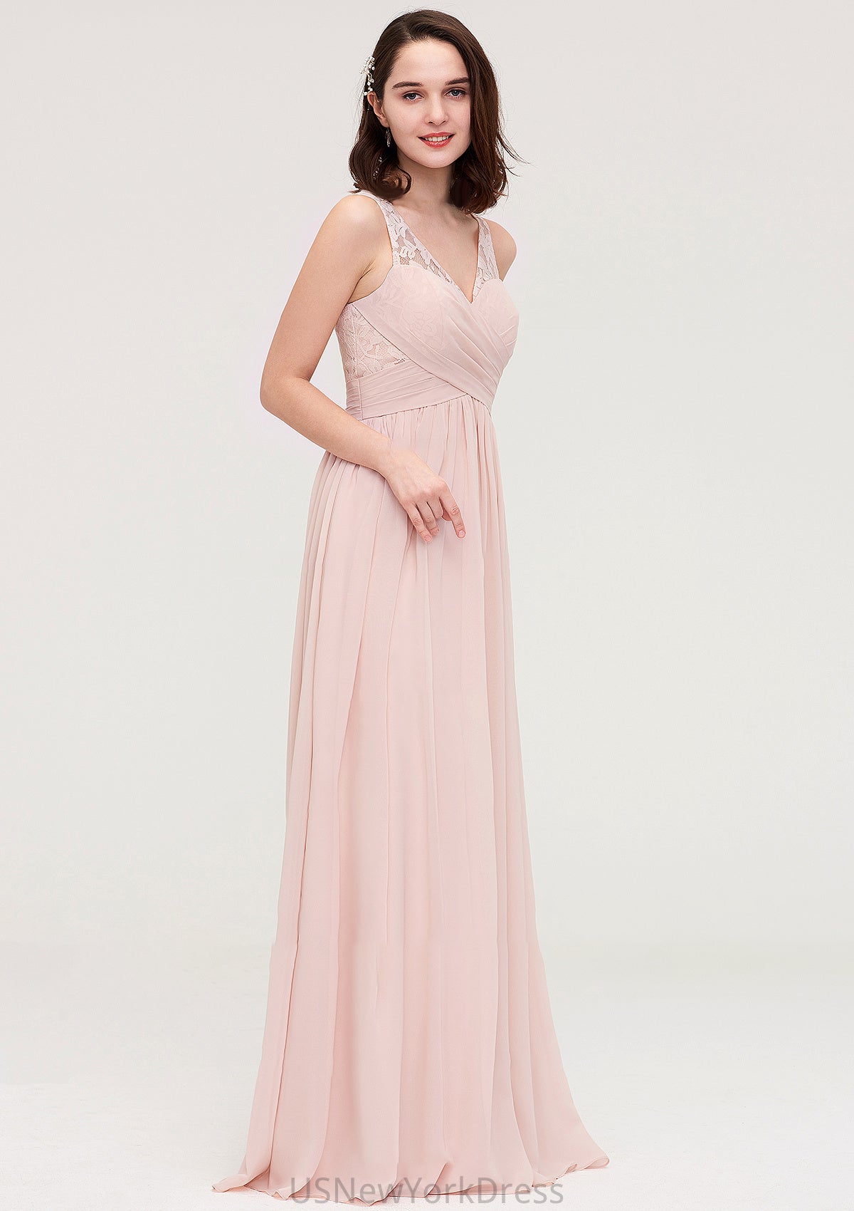 Sleeveless V Neck Long/Floor-Length Chiffon A-line/Princess Bridesmaid Dresses With Pleated Appliqued Janey DJP0025467