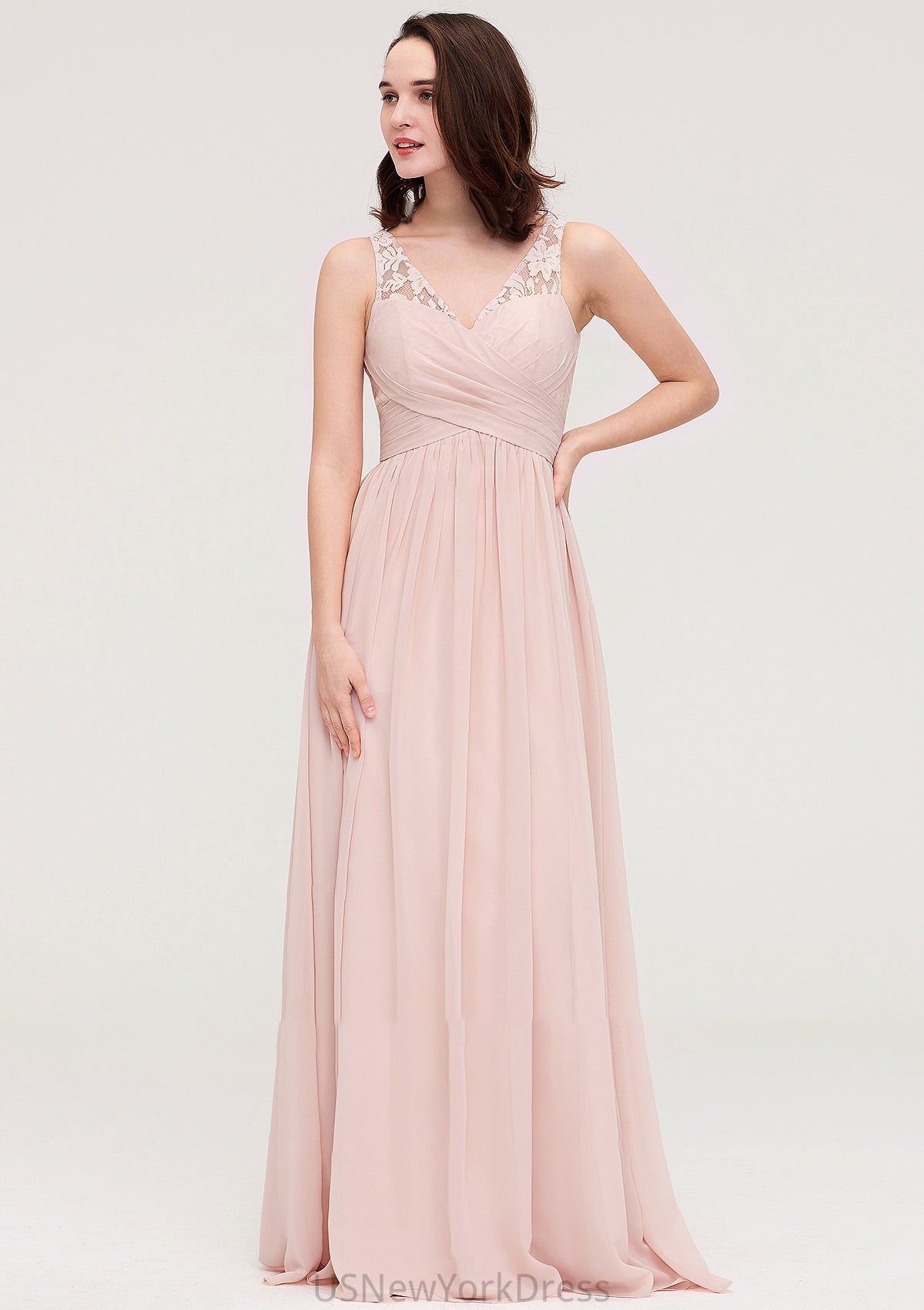 Sleeveless V Neck Long/Floor-Length Chiffon A-line/Princess Bridesmaid Dresses With Pleated Appliqued Janey DJP0025467