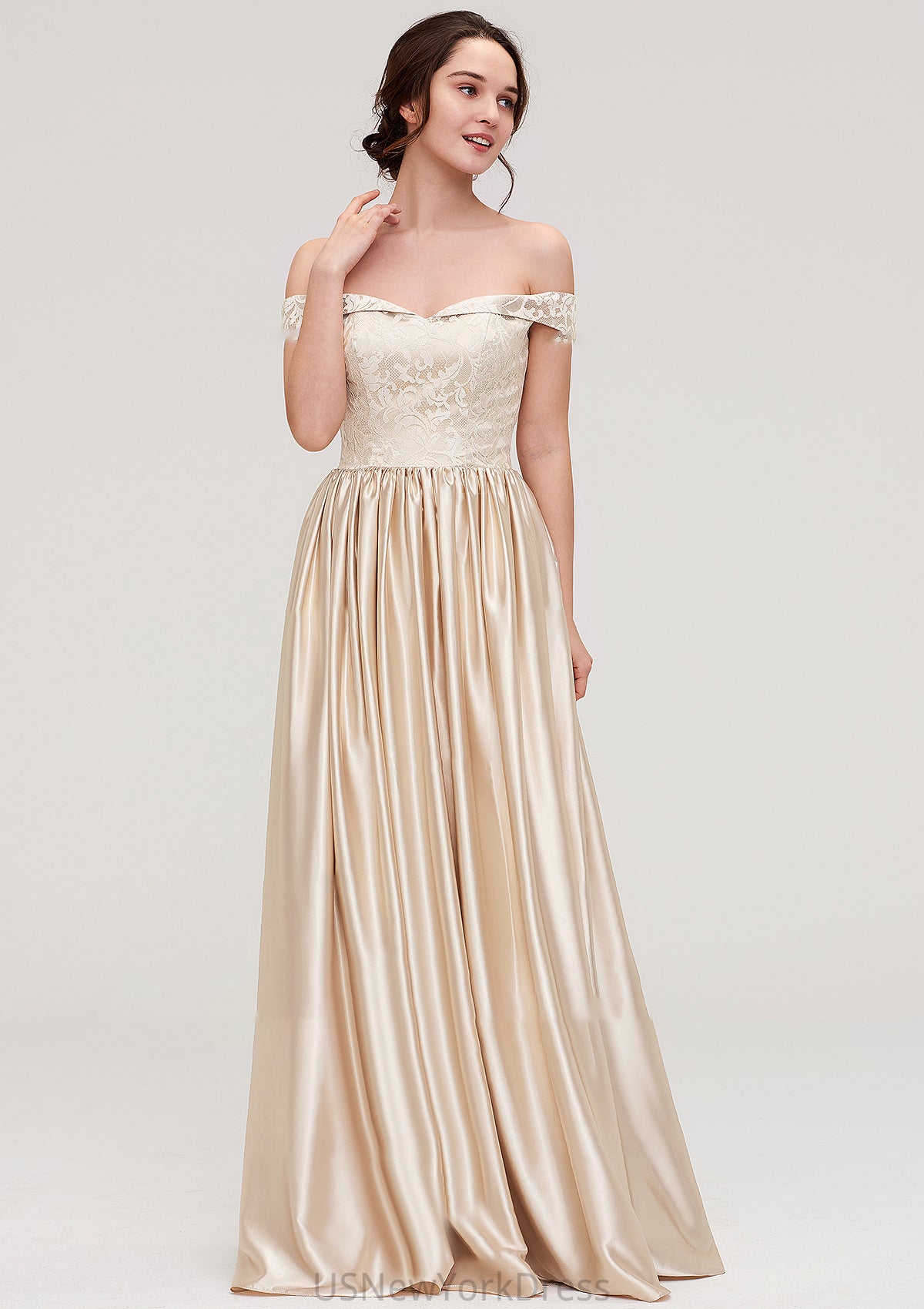 Off-the-Shoulder SleevelessA-line/Princess Charmeuse  Long/Floor-Length Bridesmaid Dresses With Appliqued Mildred DJP0025469