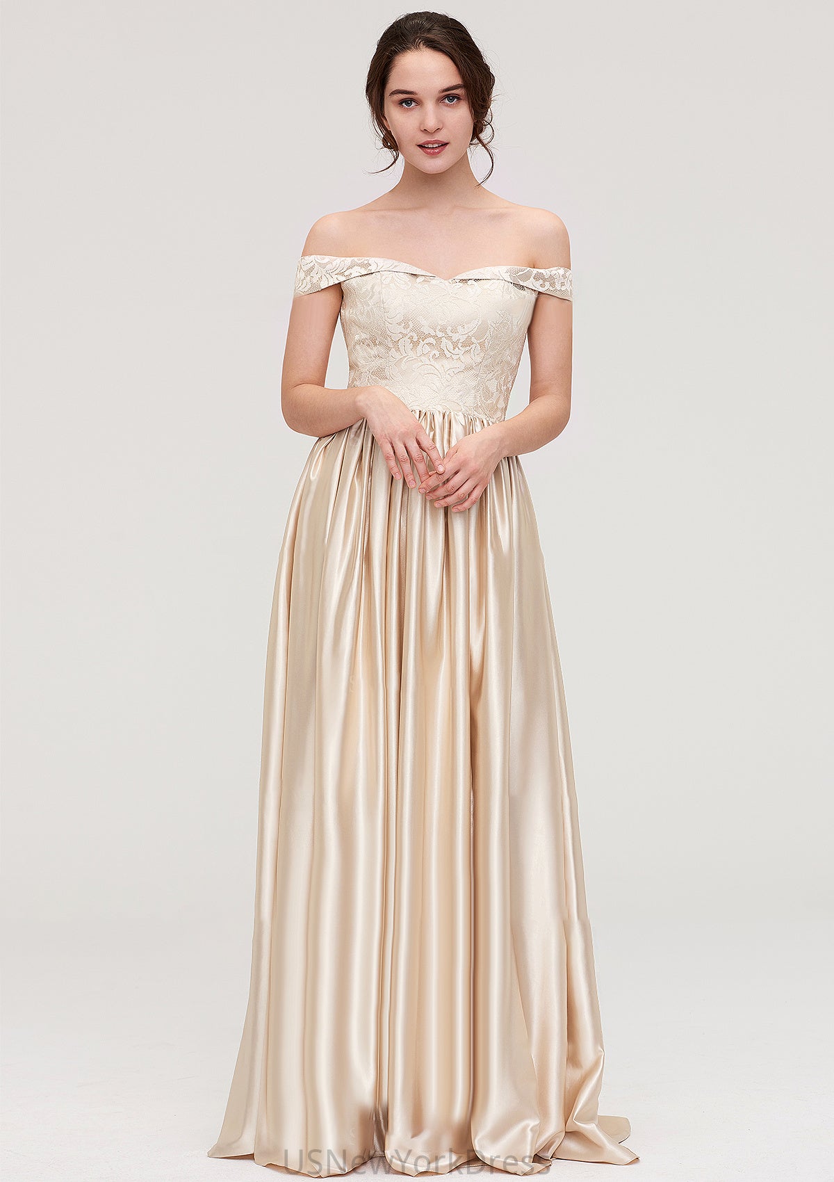 Off-the-Shoulder SleevelessA-line/Princess Charmeuse  Long/Floor-Length Bridesmaid Dresses With Appliqued Mildred DJP0025469