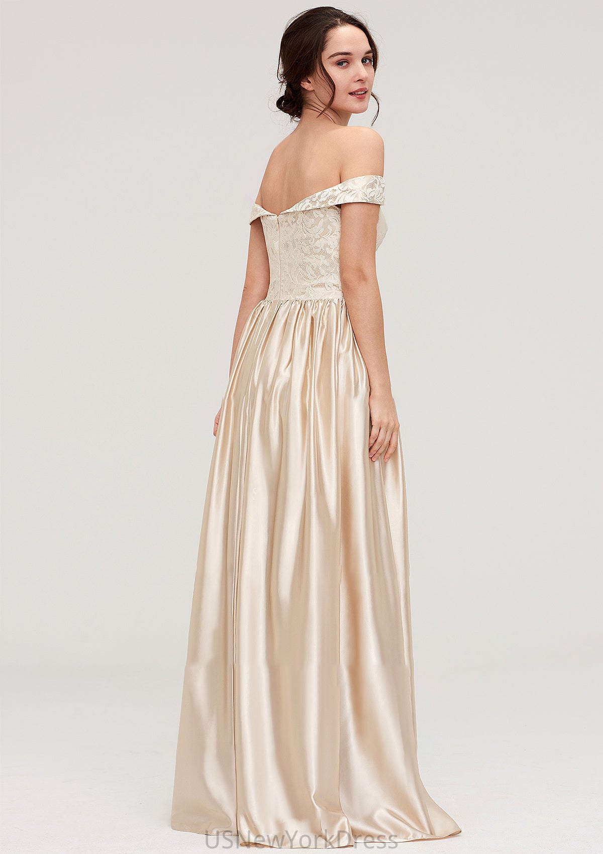 Off-the-Shoulder SleevelessA-line/Princess Charmeuse  Long/Floor-Length Bridesmaid Dresses With Appliqued Mildred DJP0025469