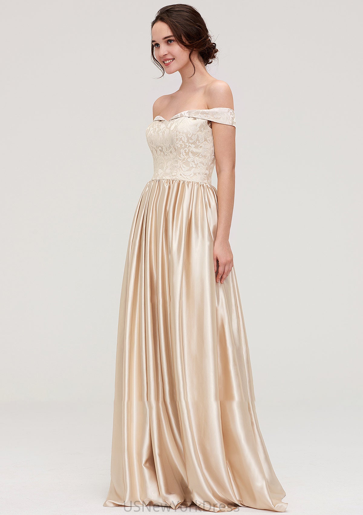 Off-the-Shoulder SleevelessA-line/Princess Charmeuse  Long/Floor-Length Bridesmaid Dresses With Appliqued Mildred DJP0025469