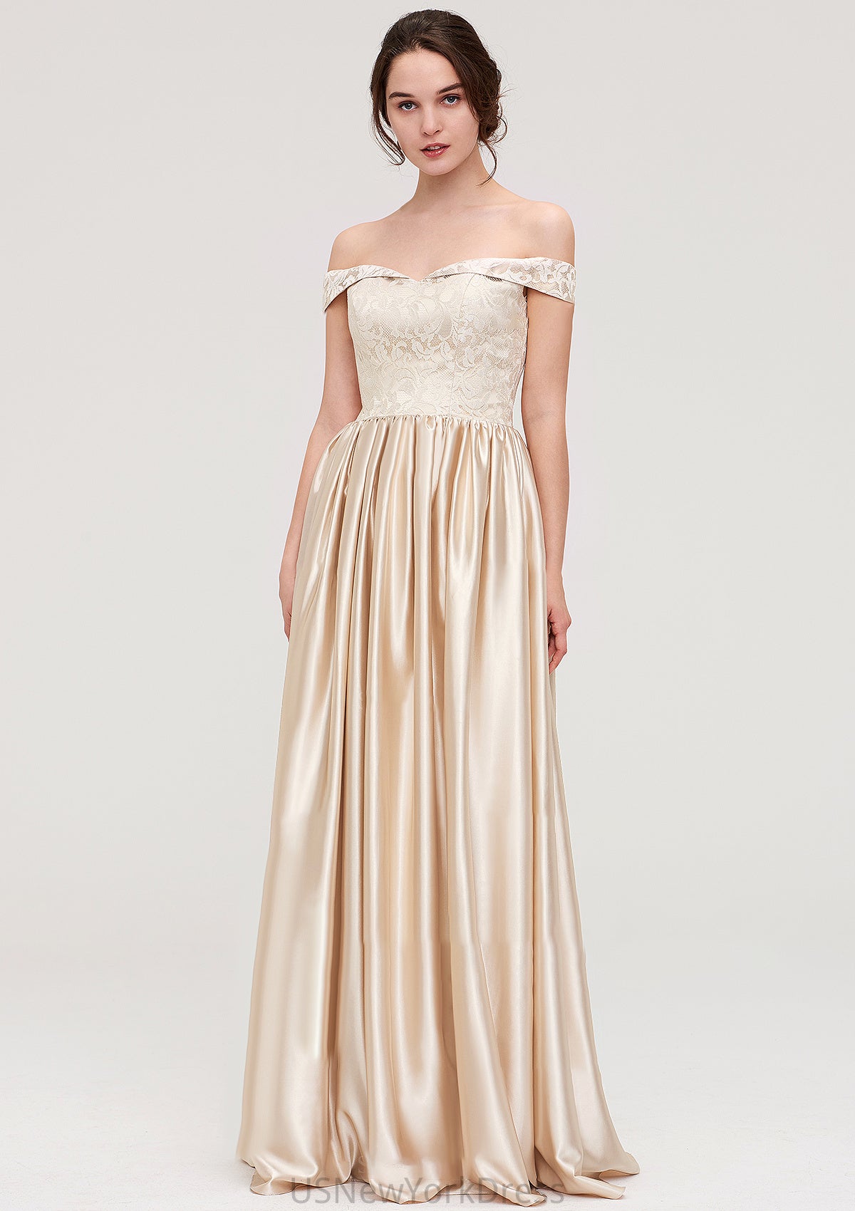 Off-the-Shoulder SleevelessA-line/Princess Charmeuse  Long/Floor-Length Bridesmaid Dresses With Appliqued Mildred DJP0025469