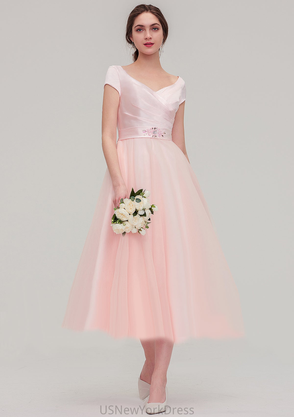 Sweetheart Short Sleeve Tea-Length Tulle A-line/Princess Bridesmaid Dresses With Waistband Beading Pleated Nyasia DJP0025473