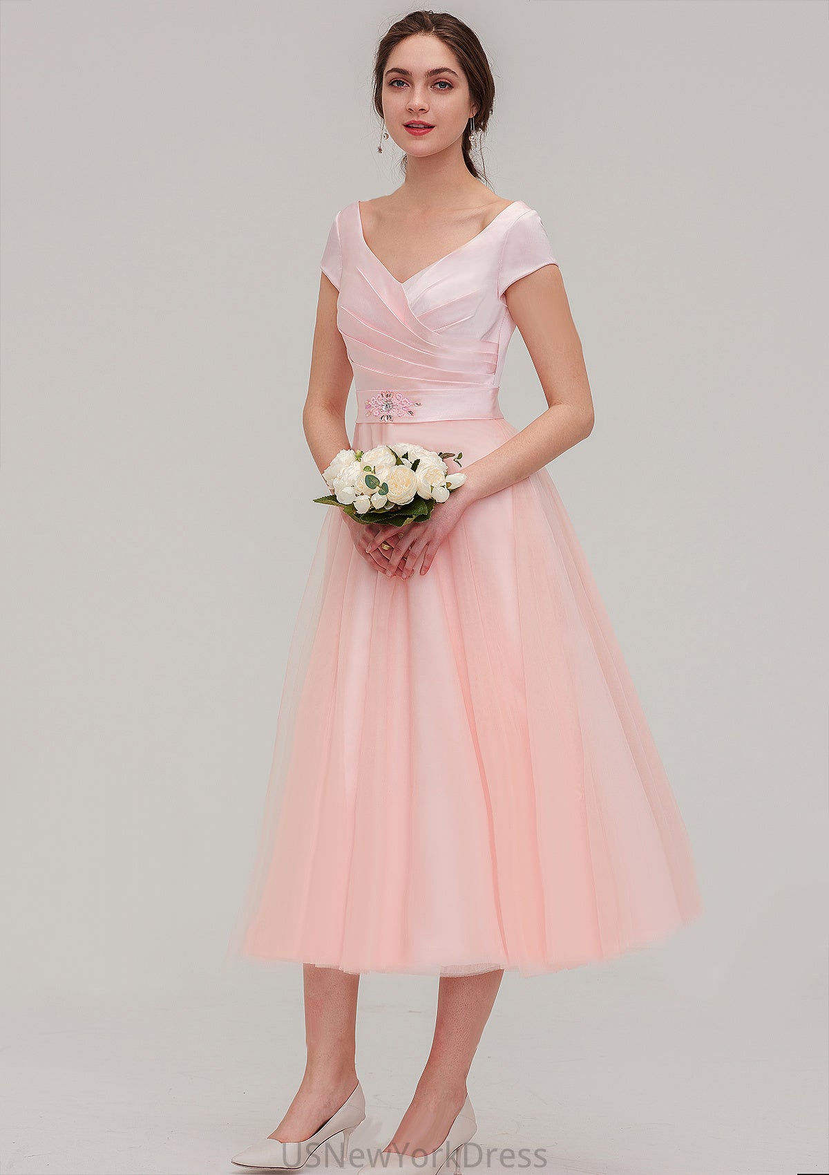 Sweetheart Short Sleeve Tea-Length Tulle A-line/Princess Bridesmaid Dresses With Waistband Beading Pleated Nyasia DJP0025473