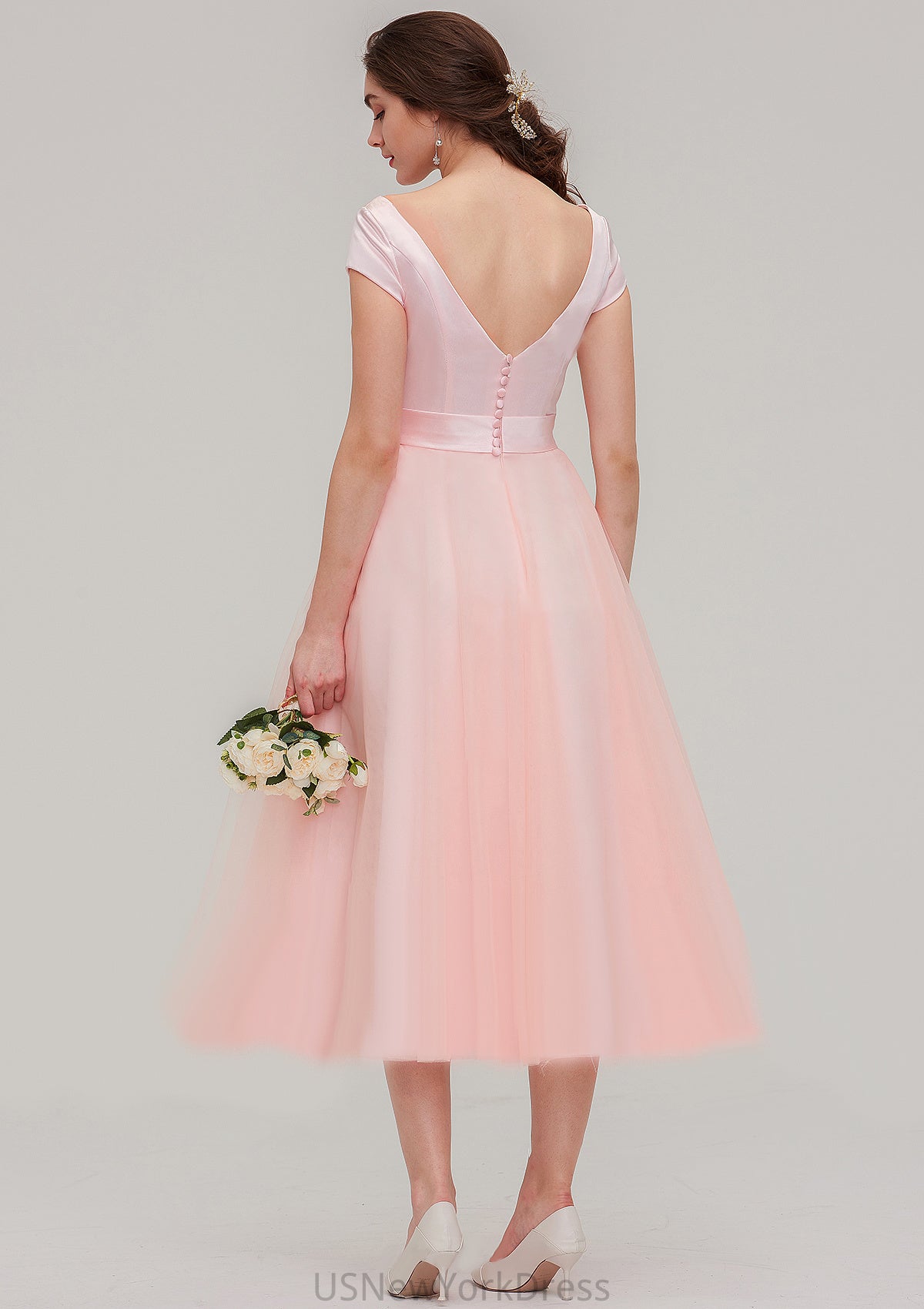 Sweetheart Short Sleeve Tea-Length Tulle A-line/Princess Bridesmaid Dresses With Waistband Beading Pleated Nyasia DJP0025473