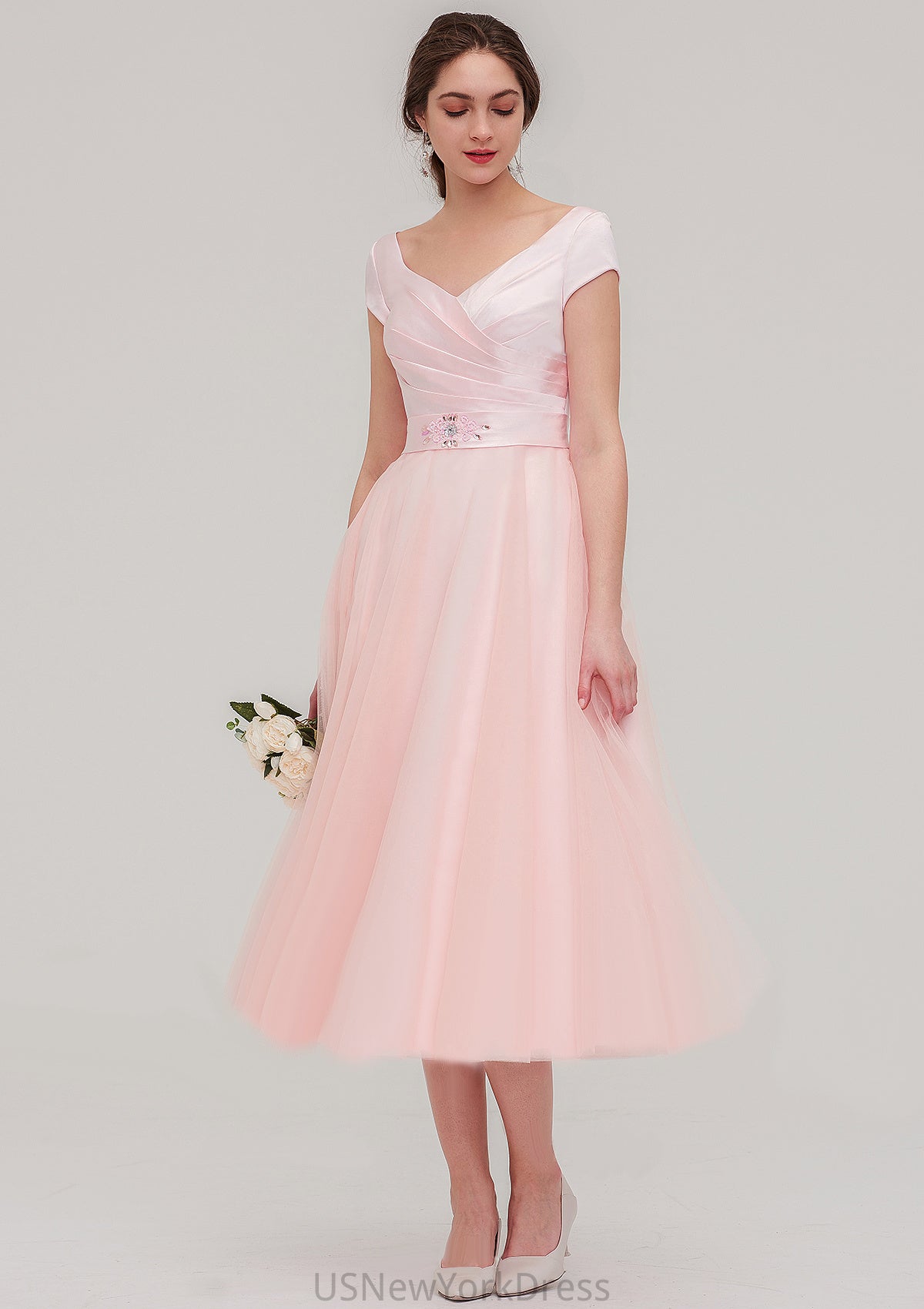 Sweetheart Short Sleeve Tea-Length Tulle A-line/Princess Bridesmaid Dresses With Waistband Beading Pleated Nyasia DJP0025473