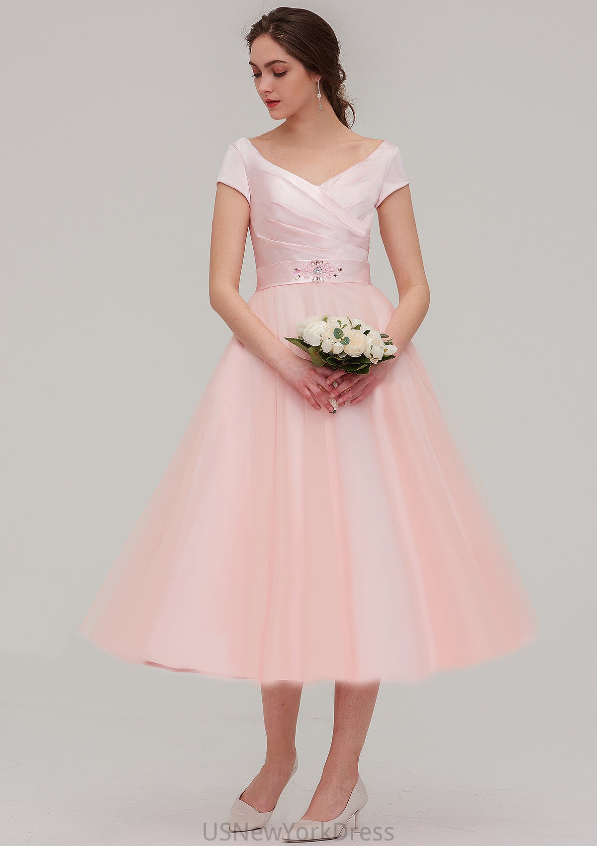 Sweetheart Short Sleeve Tea-Length Tulle A-line/Princess Bridesmaid Dresses With Waistband Beading Pleated Nyasia DJP0025473