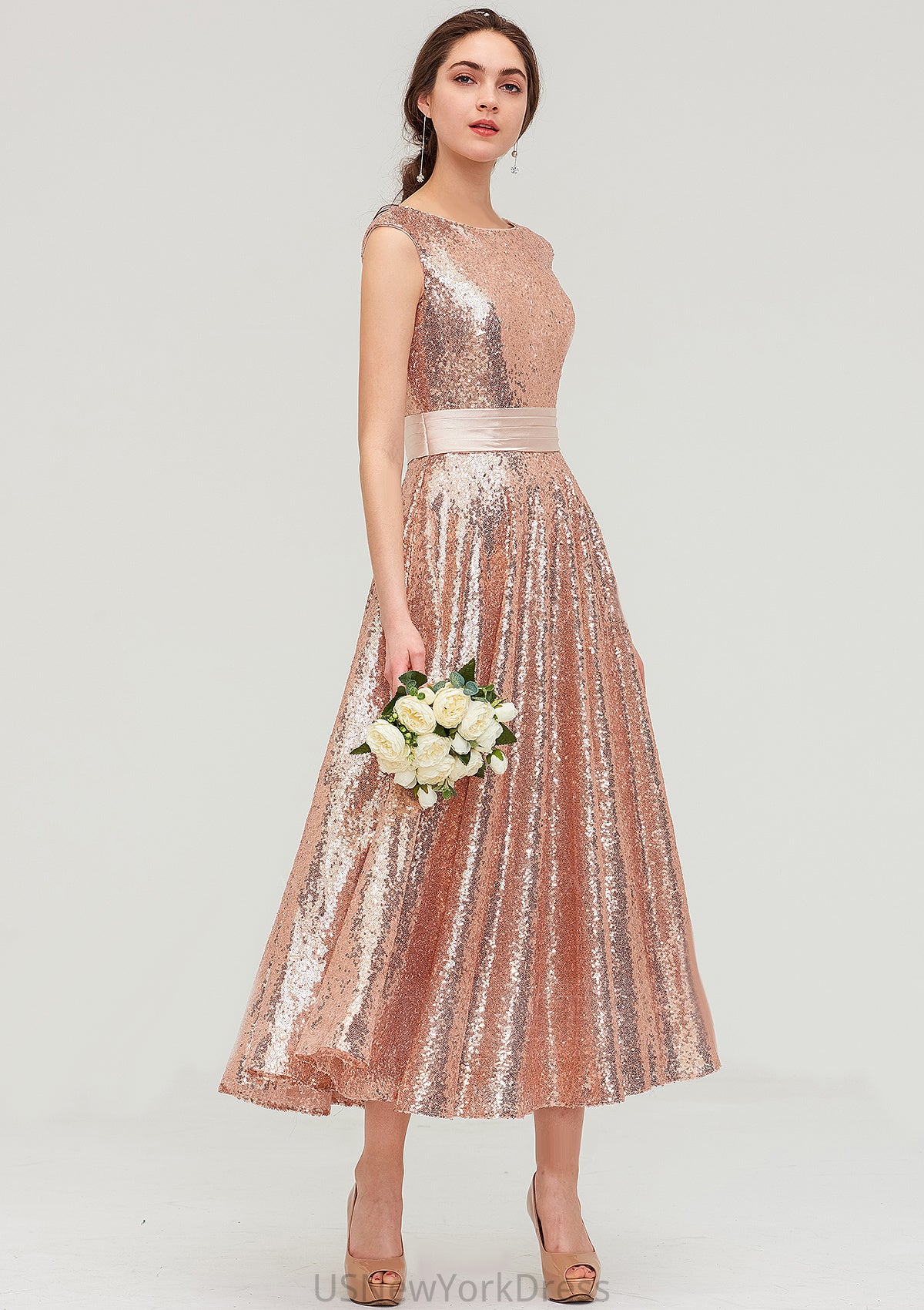 Bateau Sleeveless Tea-Length Sequined A-line/Princess Bridesmaid Dresses With Sashes Sally DJP0025474