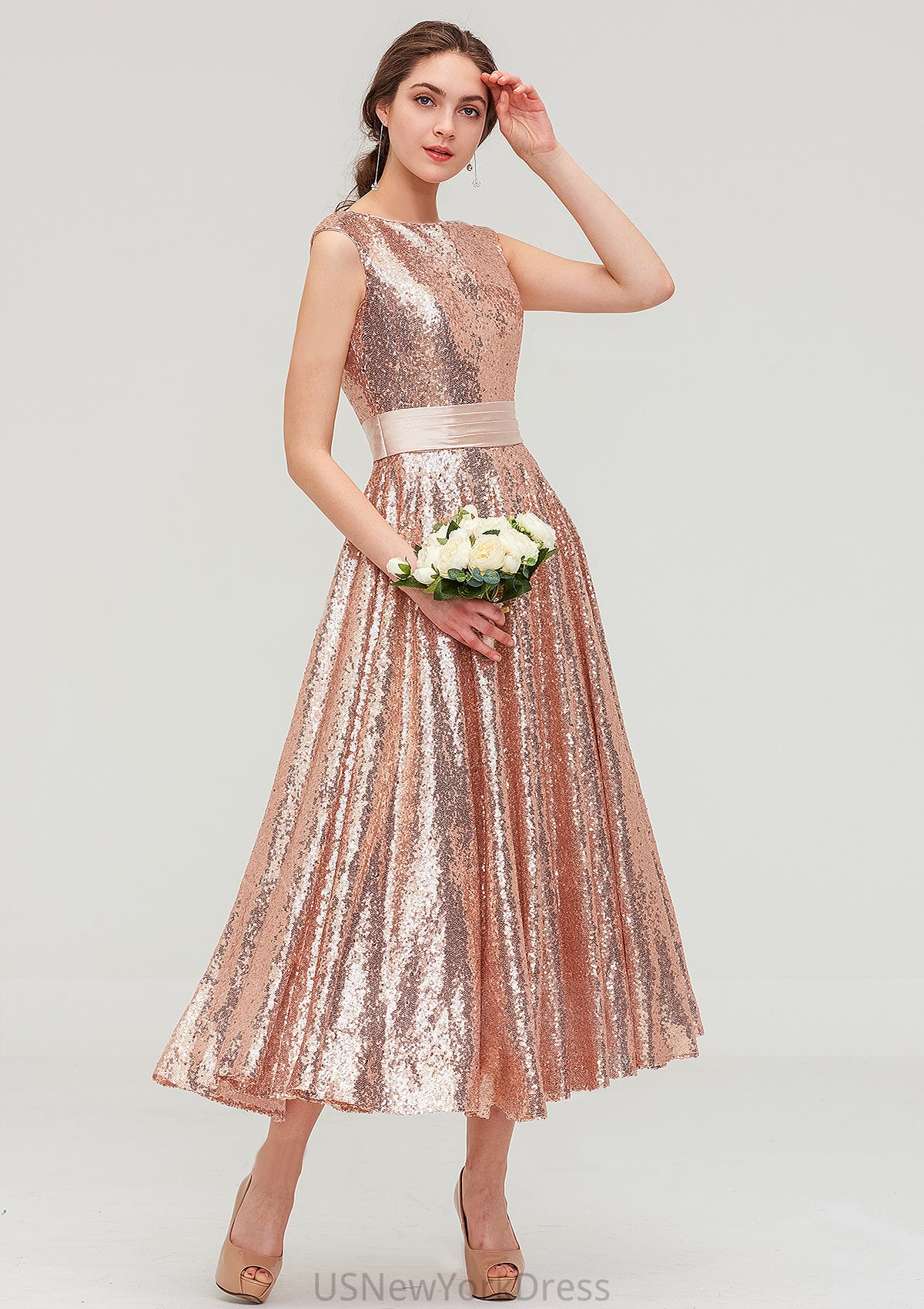 Bateau Sleeveless Tea-Length Sequined A-line/Princess Bridesmaid Dresses With Sashes Sally DJP0025474