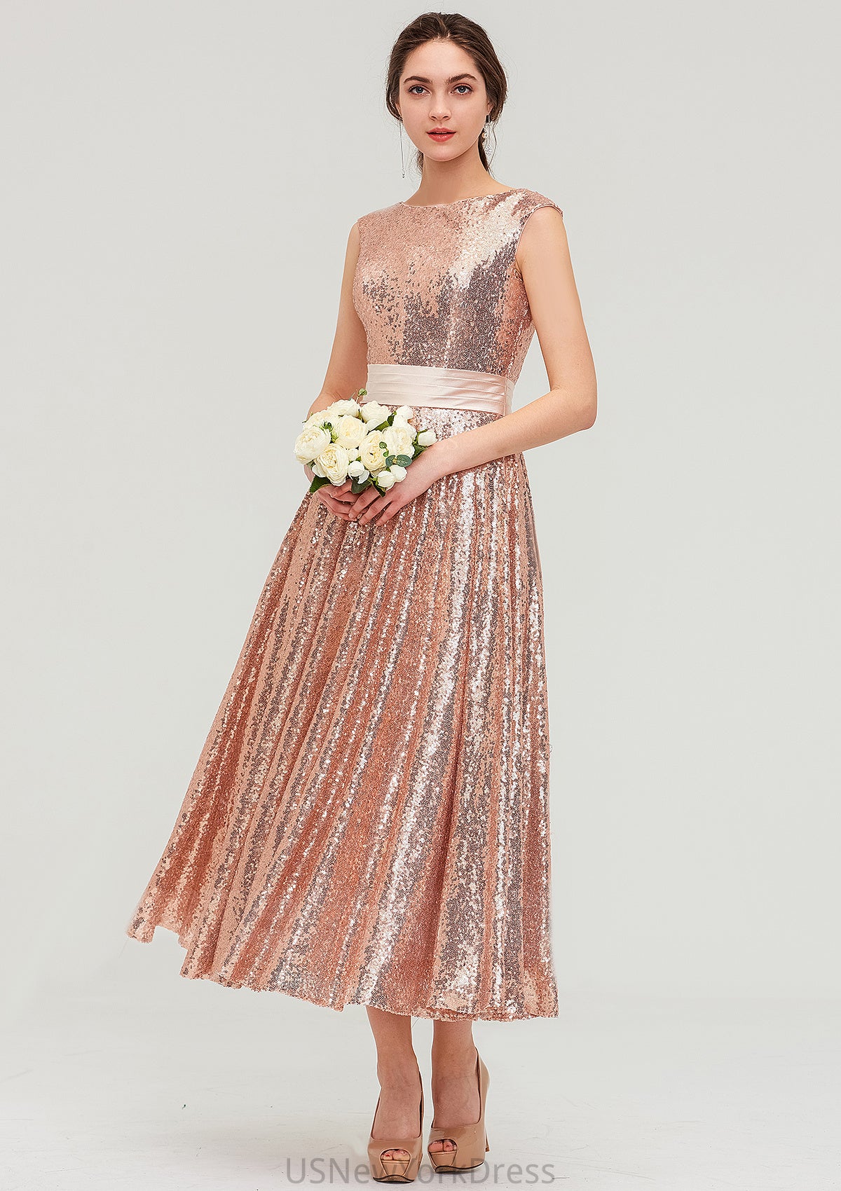 Bateau Sleeveless Tea-Length Sequined A-line/Princess Bridesmaid Dresses With Sashes Sally DJP0025474