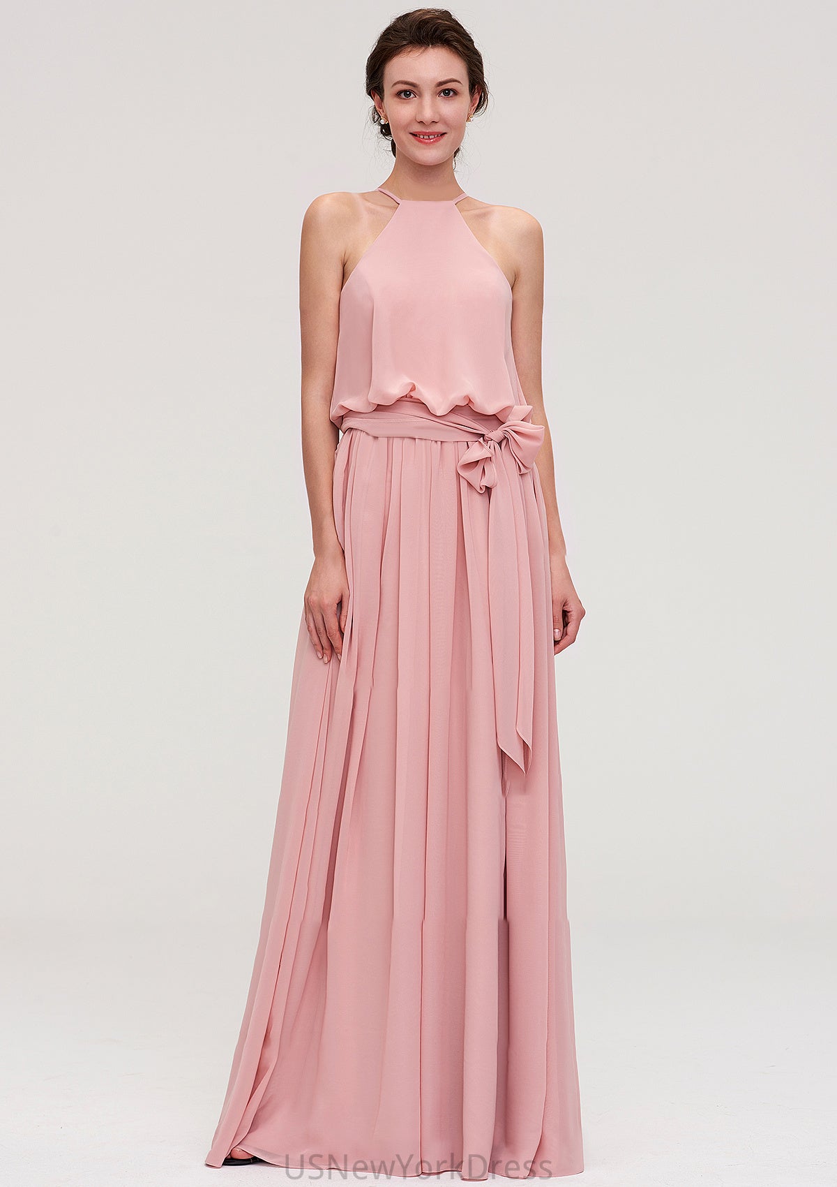 Sleeveless Scoop Neck A-line/Princess Chiffon Long/Floor-Length Bridesmaid Dresseses With Pleated Sashes Jacquelyn DJP0025476