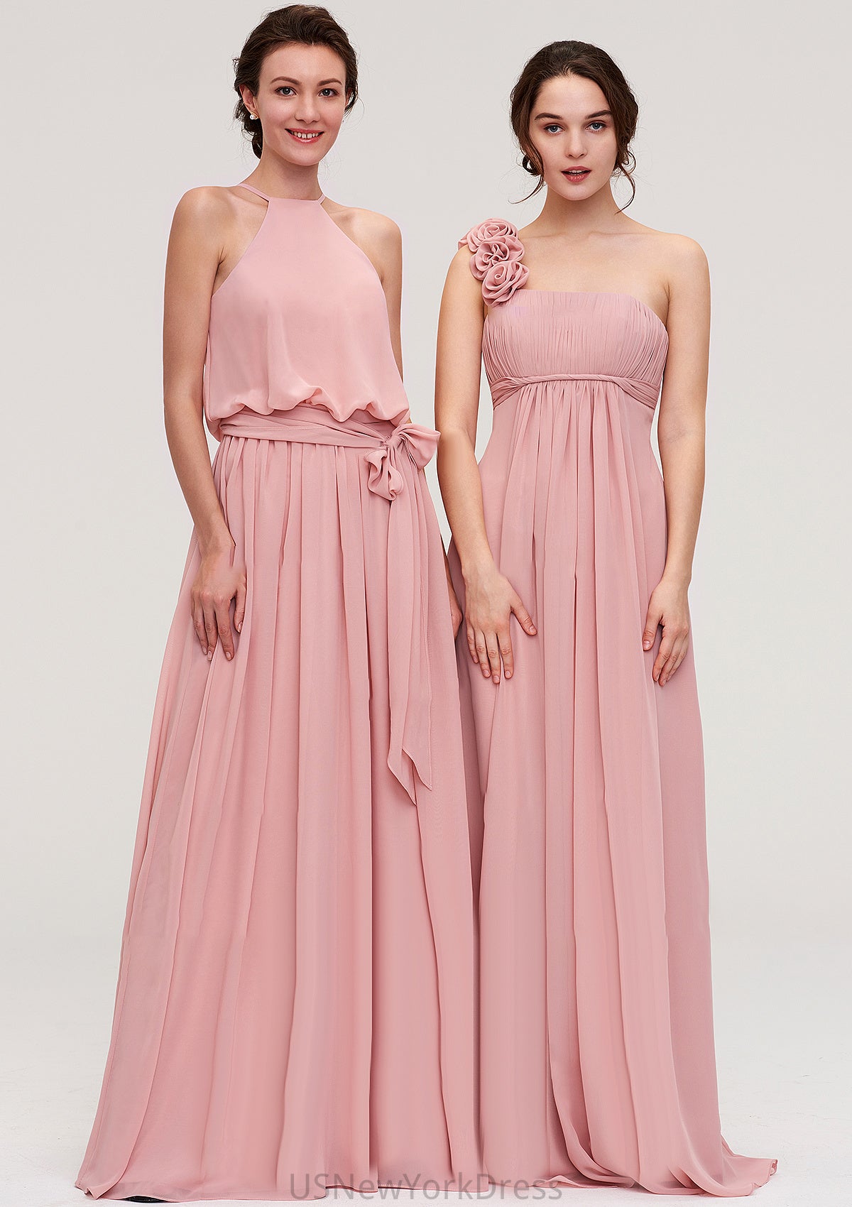 Sleeveless Scoop Neck A-line/Princess Chiffon Long/Floor-Length Bridesmaid Dresseses With Pleated Sashes Jacquelyn DJP0025476