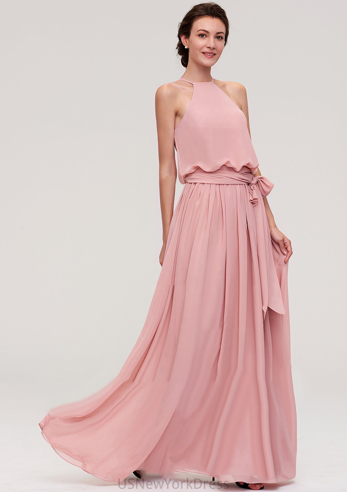 Sleeveless Scoop Neck A-line/Princess Chiffon Long/Floor-Length Bridesmaid Dresseses With Pleated Sashes Jacquelyn DJP0025476