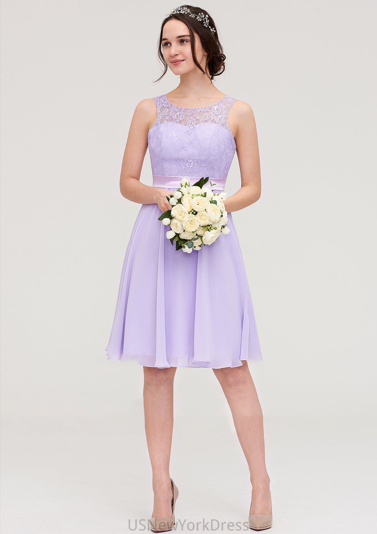 Sleeveless Knee-Length Chiffon A-line/Princess Bridesmaid Dresses With Sashes Lace Urania DJP0025481