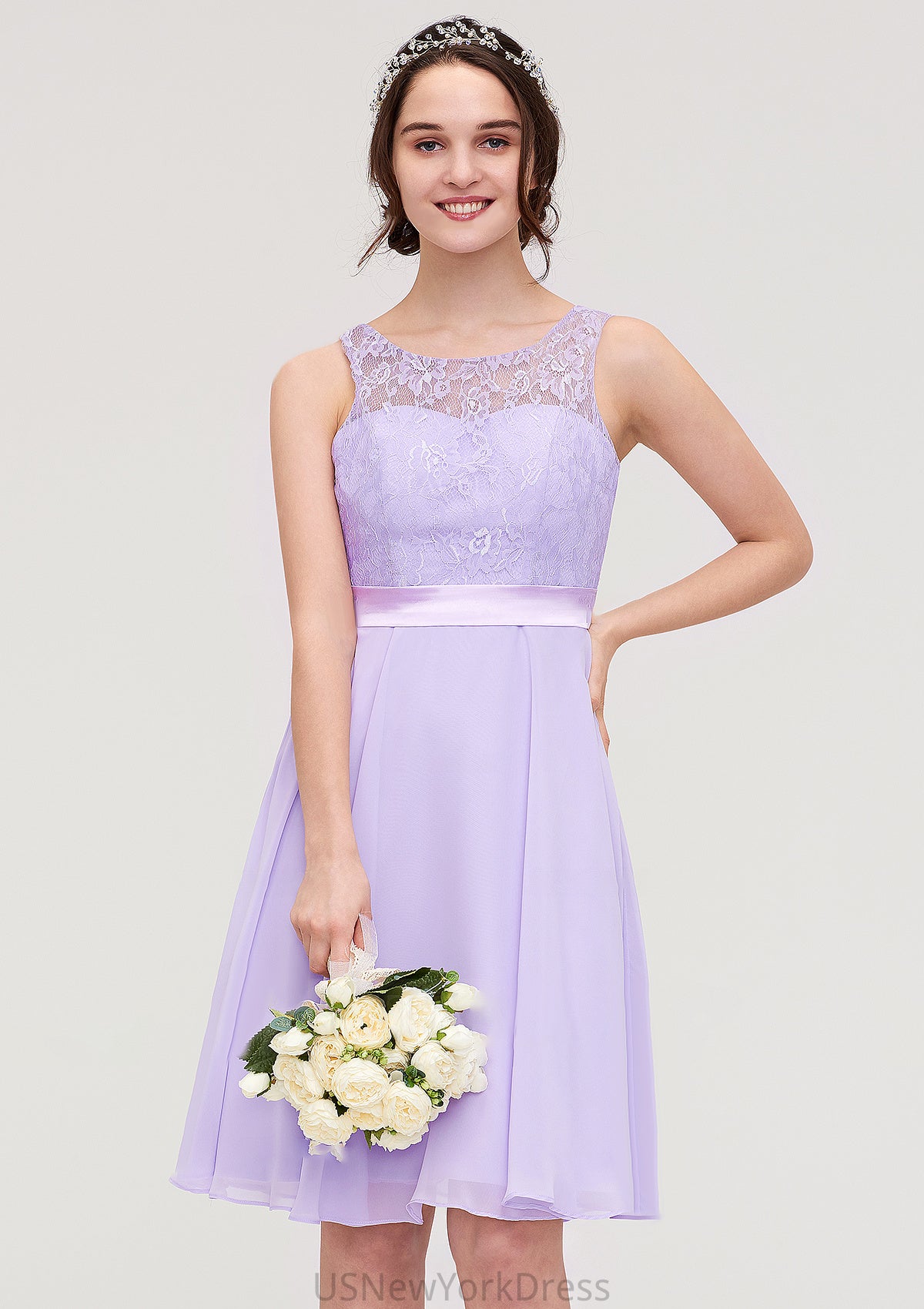 Sleeveless Knee-Length Chiffon A-line/Princess Bridesmaid Dresses With Sashes Lace Urania DJP0025481