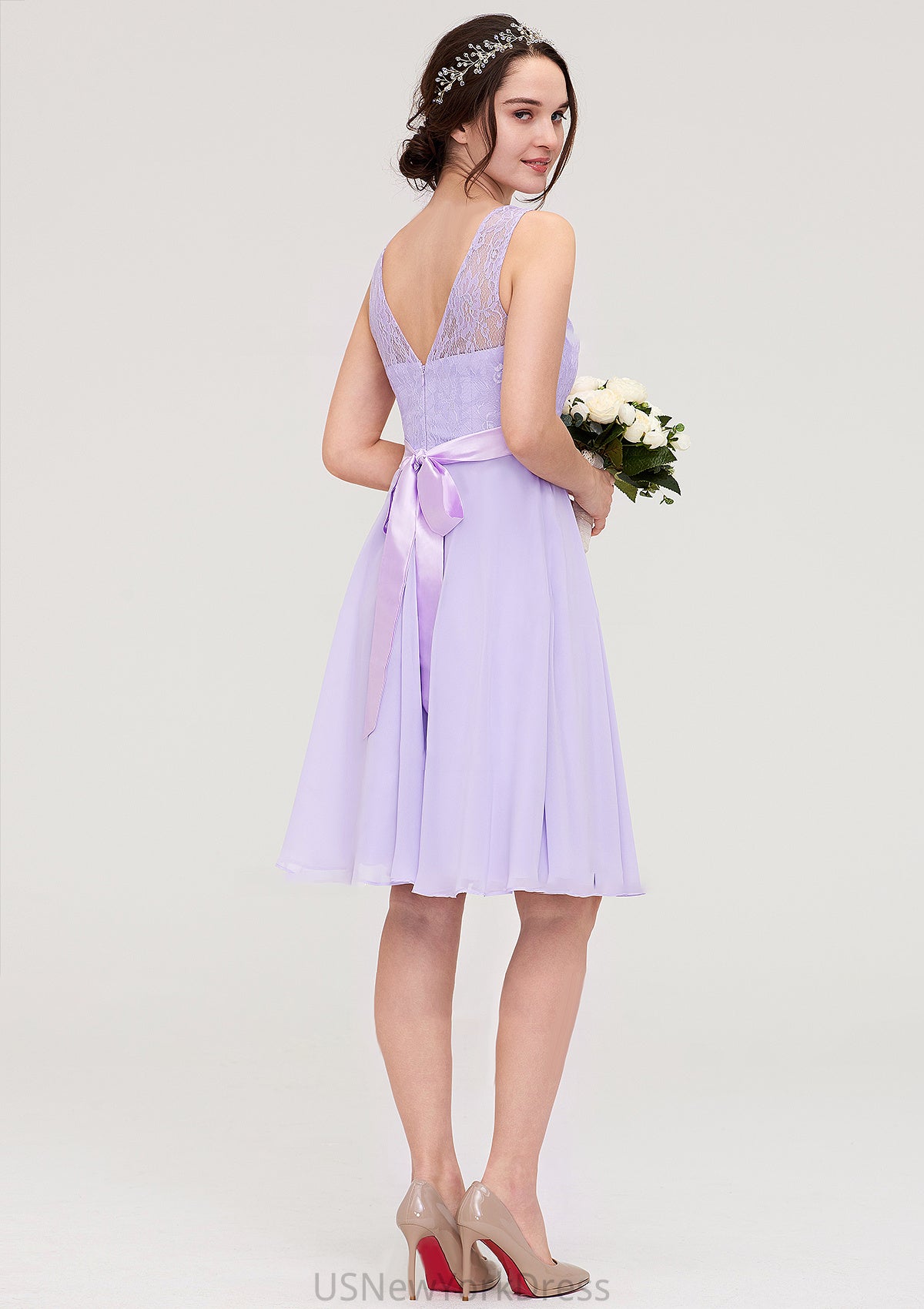 Sleeveless Knee-Length Chiffon A-line/Princess Bridesmaid Dresses With Sashes Lace Urania DJP0025481