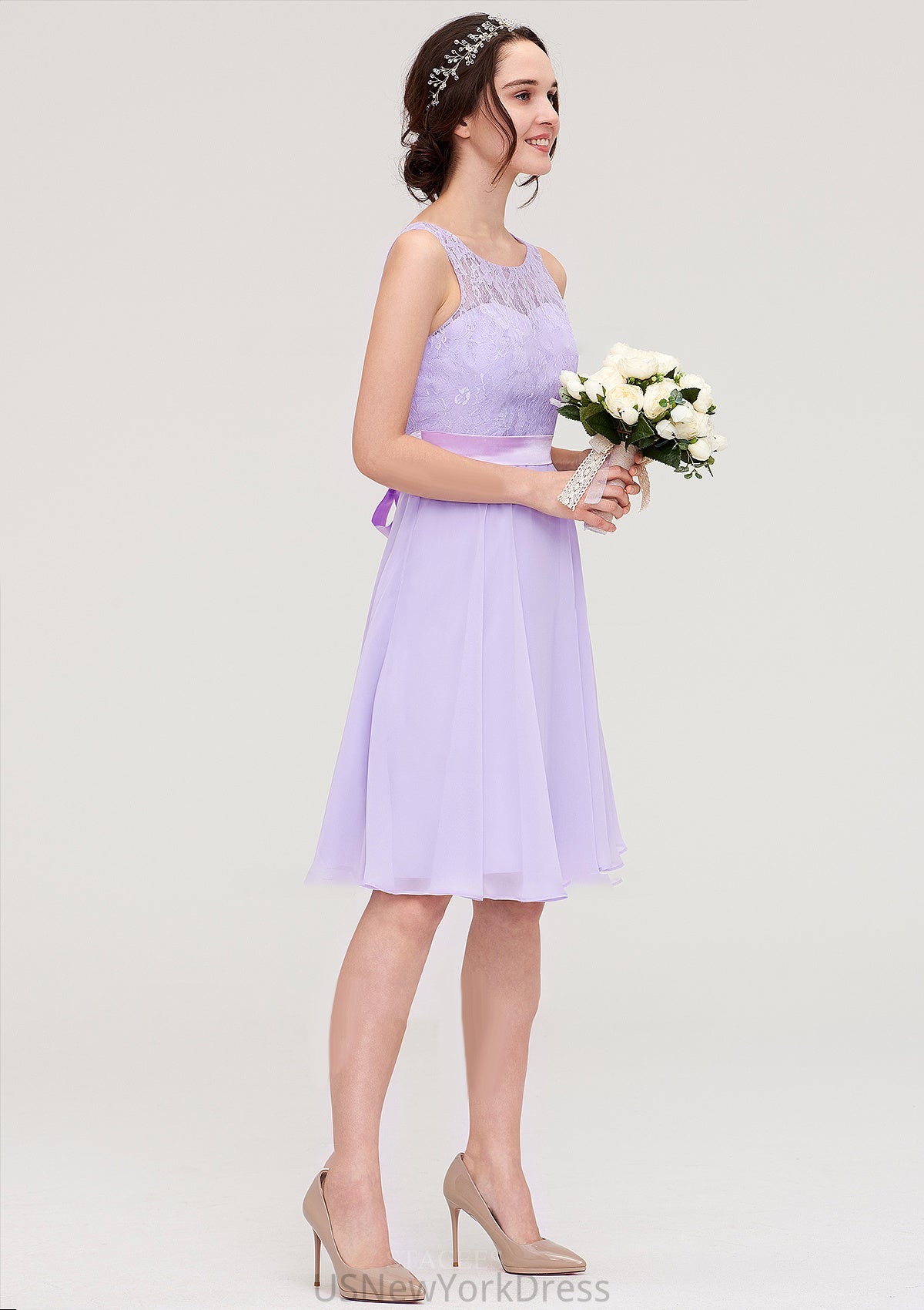 Sleeveless Knee-Length Chiffon A-line/Princess Bridesmaid Dresses With Sashes Lace Urania DJP0025481