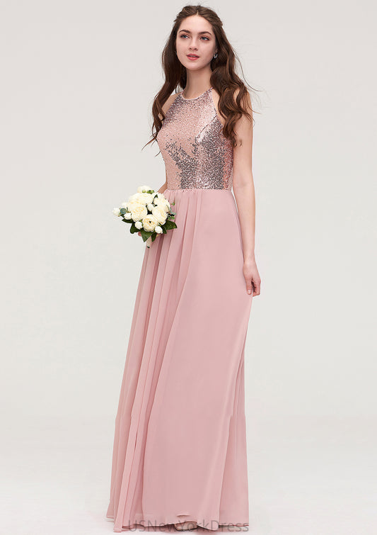 Sleeveless Bateau Long/Floor-Length Chiffon A-line/Princess Bridesmaid Dresses With Sequins Robin DJP0025484