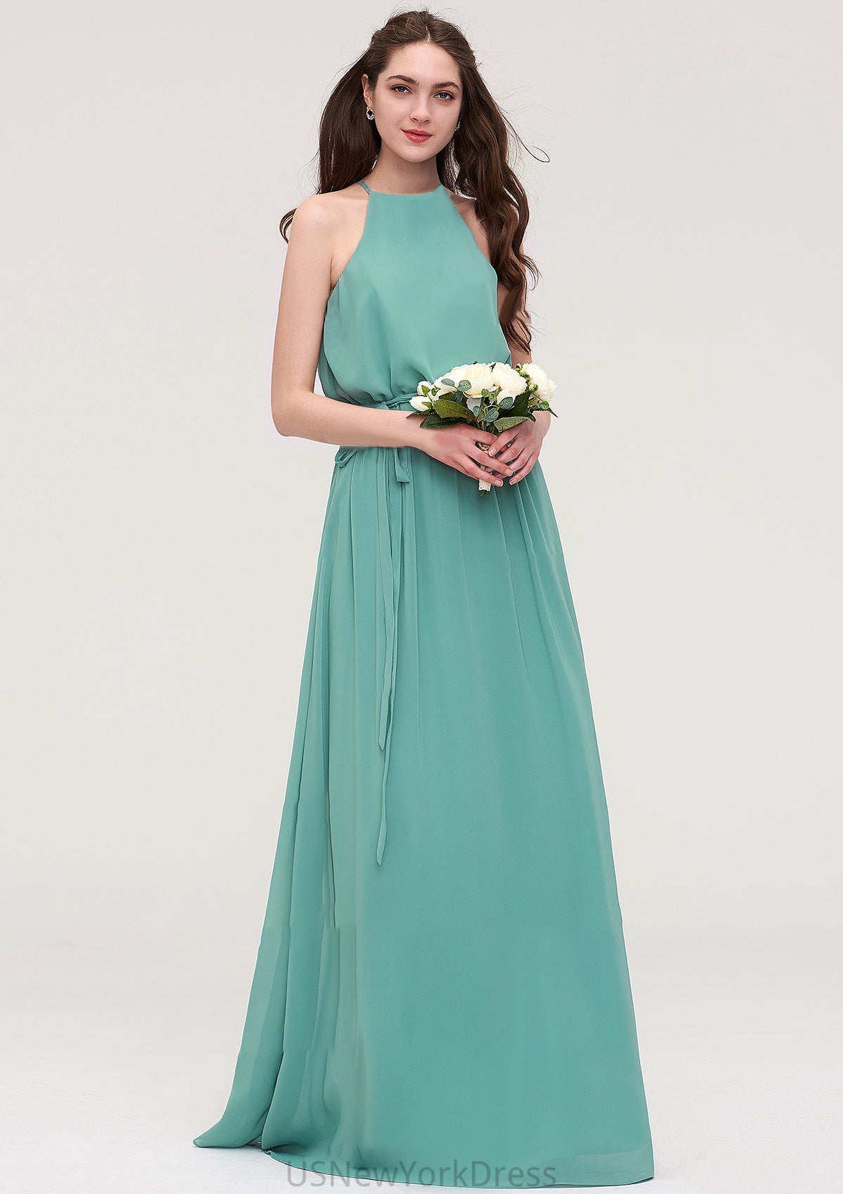 High-Neck Sleeveless Long/Floor-Length Chiffon A-line/Princess Bridesmaid Dresses With Sashes Lizbeth DJP0025485