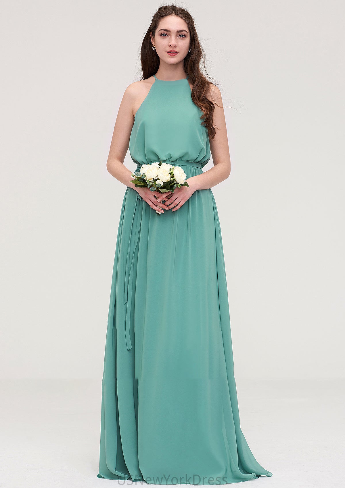 High-Neck Sleeveless Long/Floor-Length Chiffon A-line/Princess Bridesmaid Dresses With Sashes Lizbeth DJP0025485