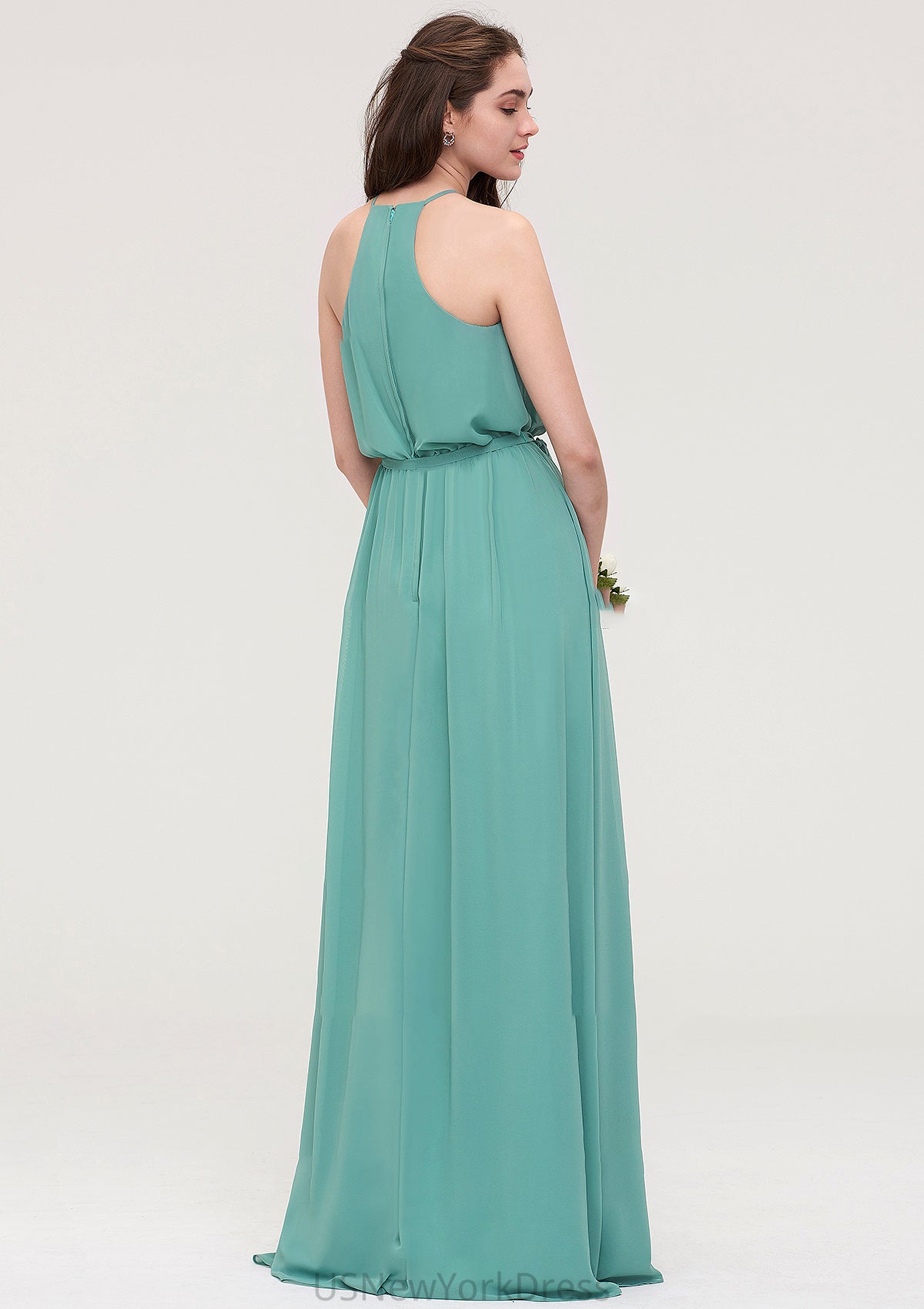 High-Neck Sleeveless Long/Floor-Length Chiffon A-line/Princess Bridesmaid Dresses With Sashes Lizbeth DJP0025485