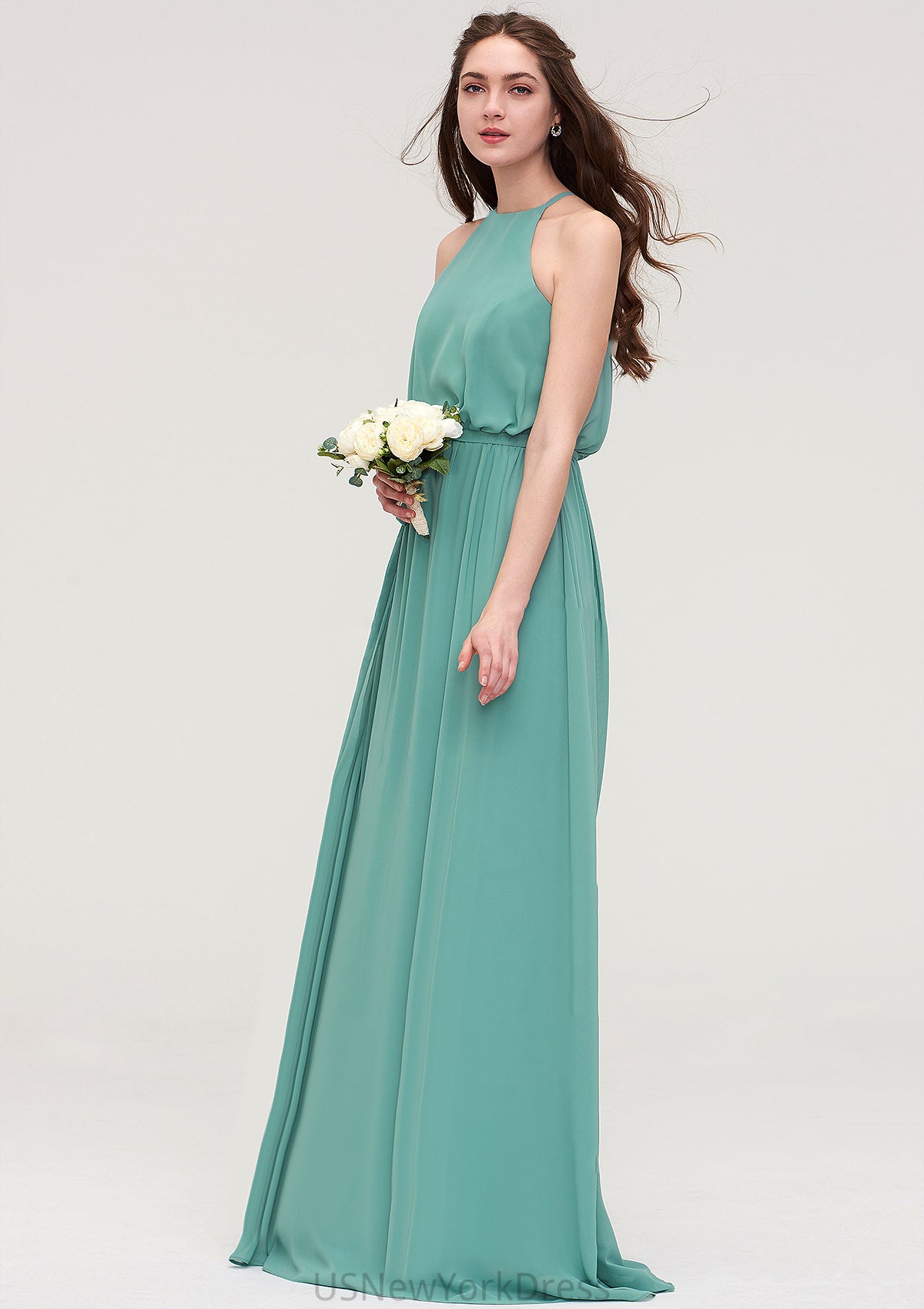 High-Neck Sleeveless Long/Floor-Length Chiffon A-line/Princess Bridesmaid Dresses With Sashes Lizbeth DJP0025485