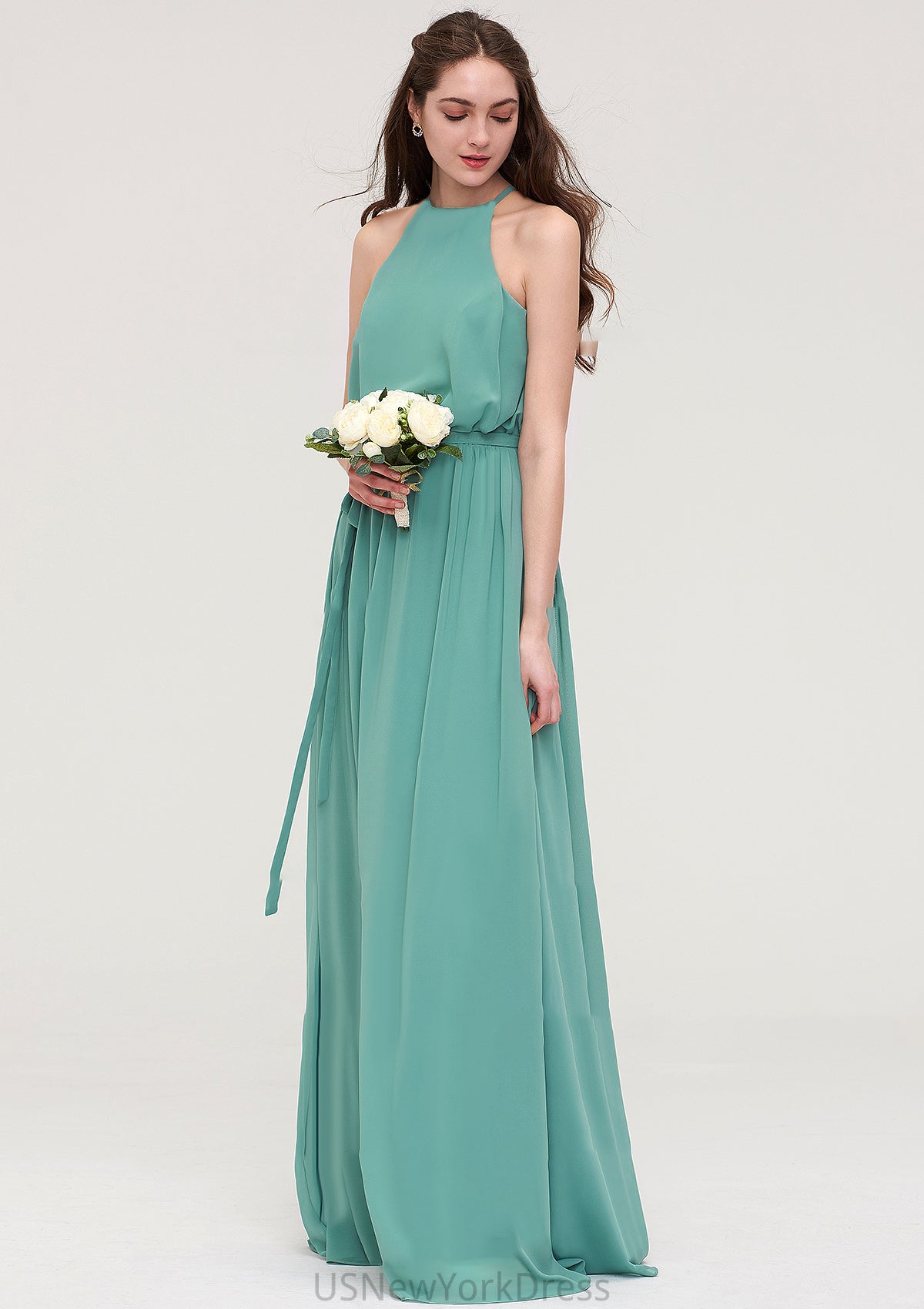 High-Neck Sleeveless Long/Floor-Length Chiffon A-line/Princess Bridesmaid Dresses With Sashes Lizbeth DJP0025485