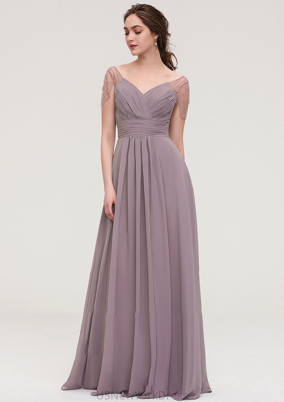 Short Sleeve Sweetheart Long/Floor-Length Chiffon A-line/Princess Bridesmaid Dresses With Pleated Beading Jayden DJP0025487